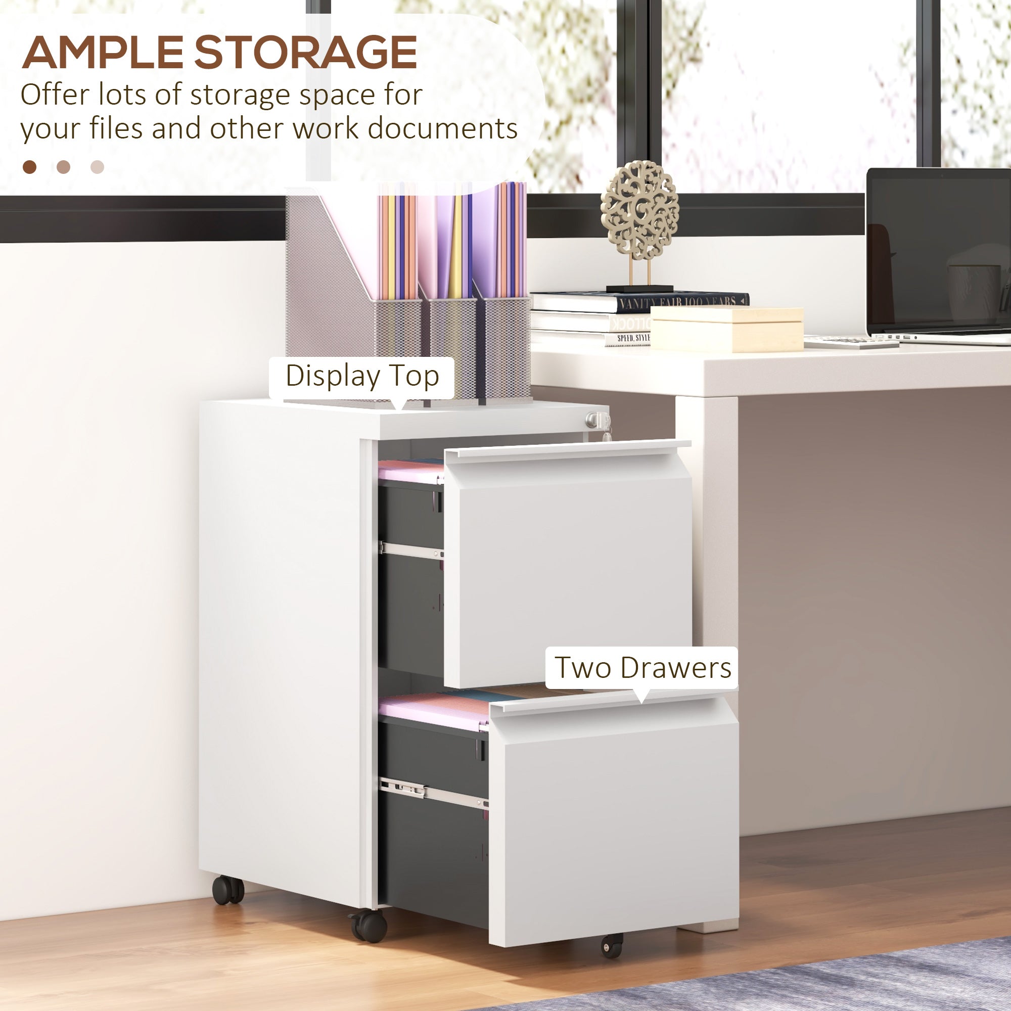 Vinsetto Mobile Vertical Filing Cabinet with Lock, 2-Drawer Steel File Cabinet with Adjustable Hanging Bar for Letter, A4 and Legal Size, White