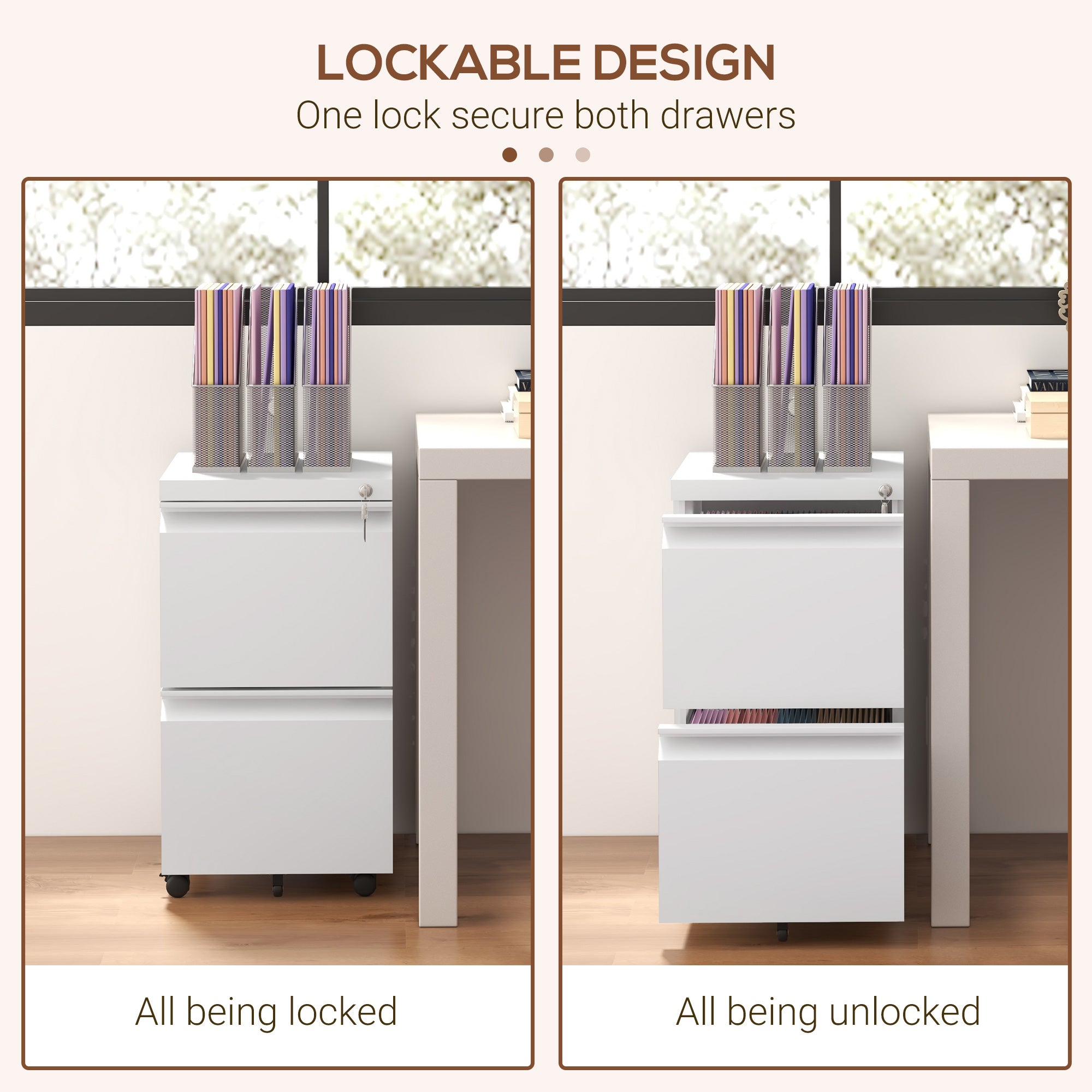 Vinsetto Mobile Vertical Filing Cabinet with Lock, 2-Drawer Steel File Cabinet with Adjustable Hanging Bar for Letter, A4 and Legal Size, White