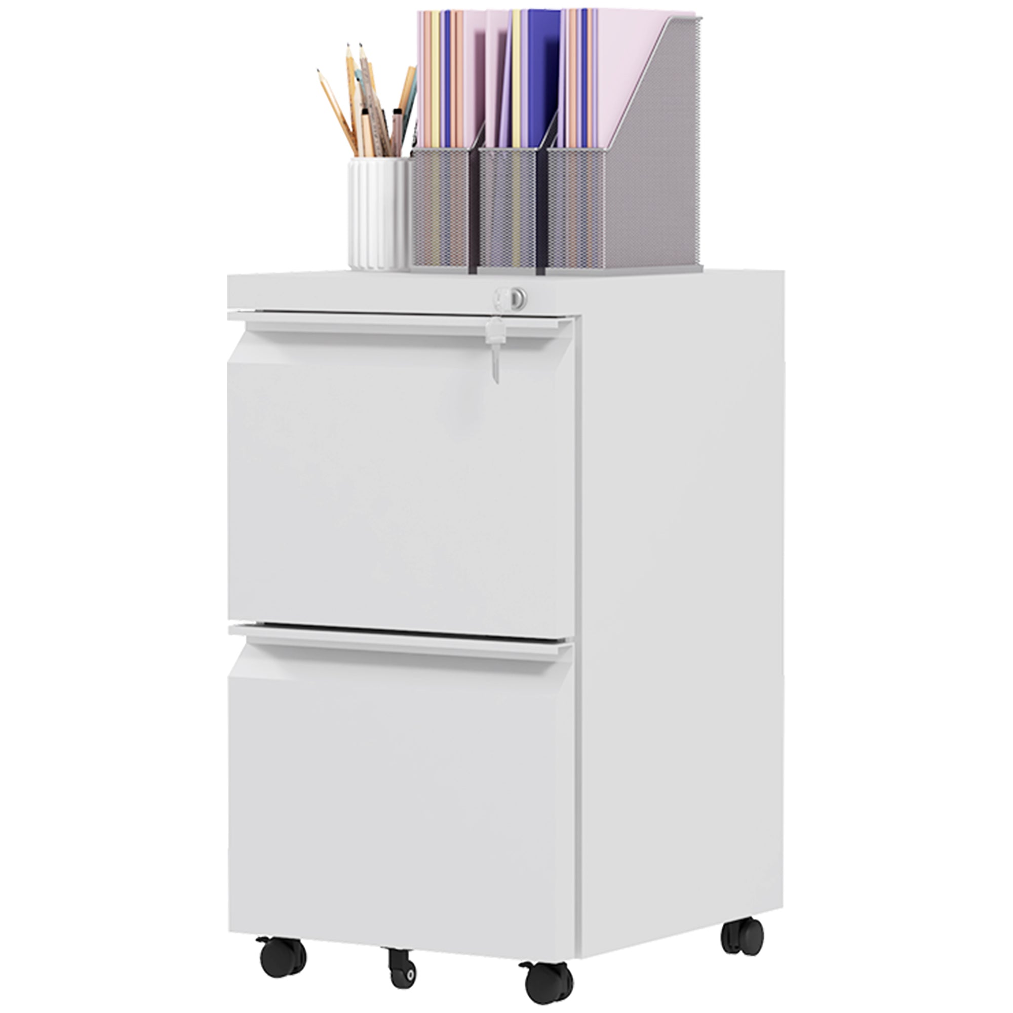 Vinsetto Mobile Vertical Filing Cabinet with Lock, 2-Drawer Steel File Cabinet with Adjustable Hanging Bar for Letter, A4 and Legal Size, White