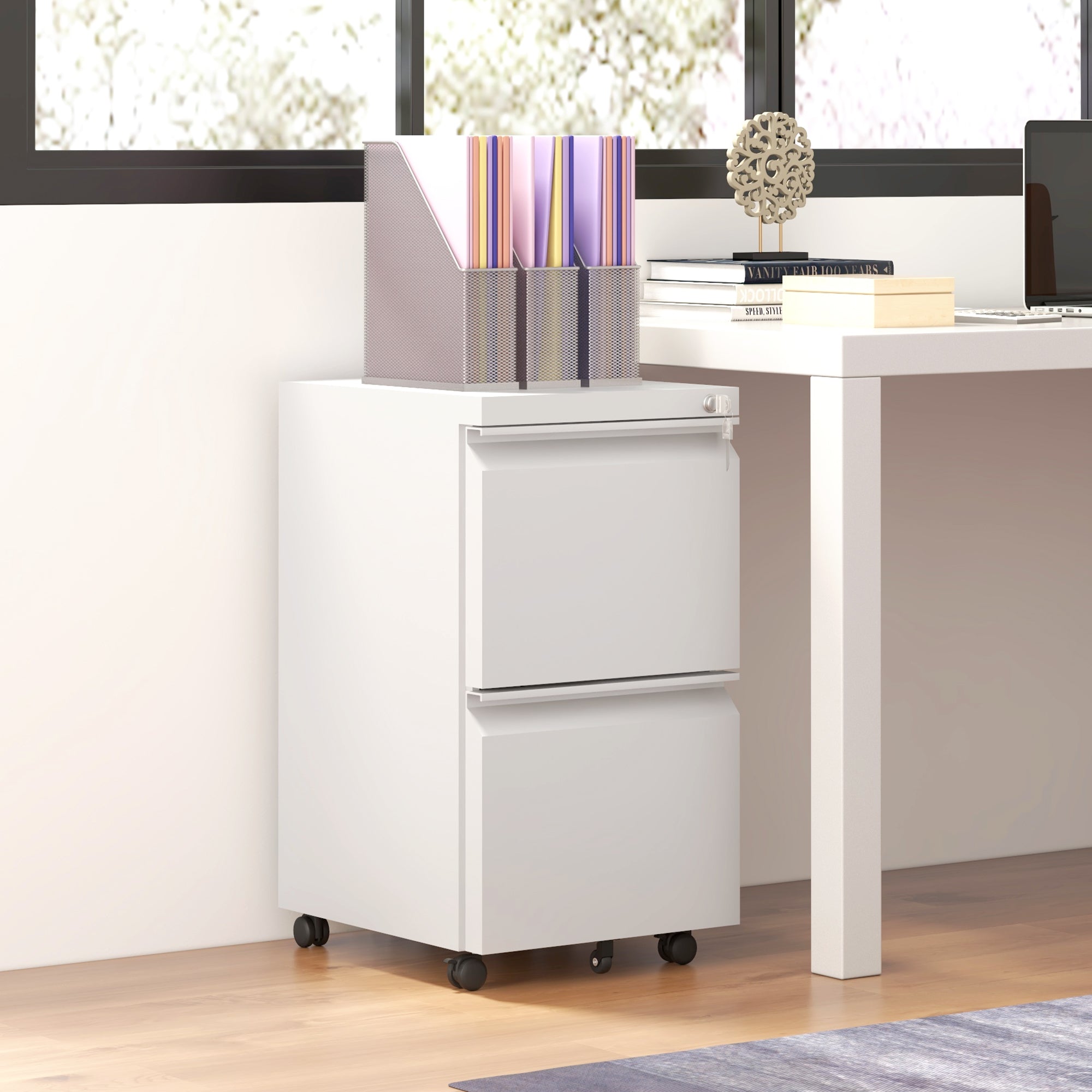 Vinsetto Mobile Vertical Filing Cabinet with Lock, 2-Drawer Steel File Cabinet with Adjustable Hanging Bar for Letter, A4 and Legal Size, White