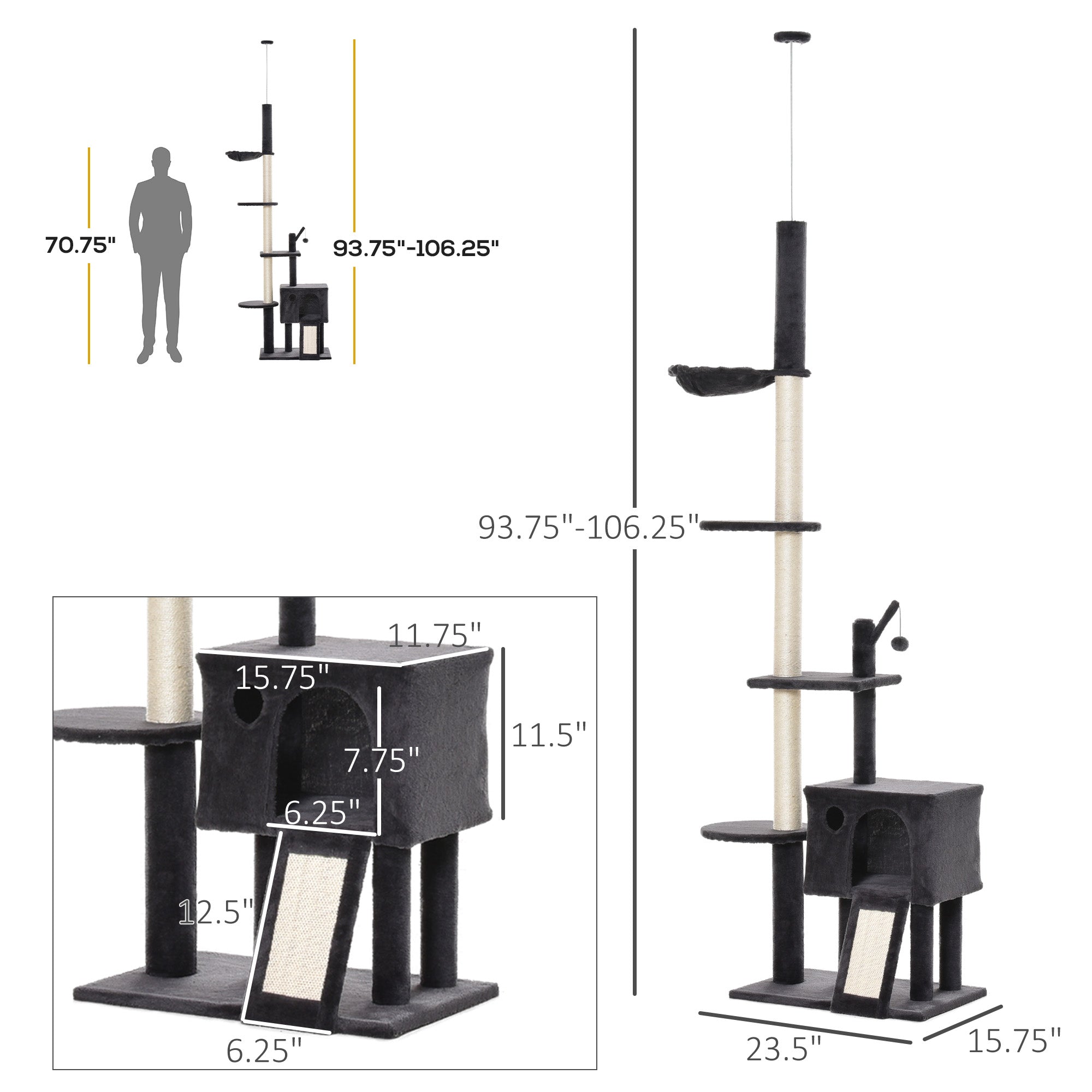 PawHut 93.75"-106.25" Floor to Ceiling Cat Tree for Large Cats Adult, Tall Cat Tree with Sisal Rope Scratching Post, Cat Condo Climbing Toy, Adjustable Height Cat Towers with Hammock, Dark Grey