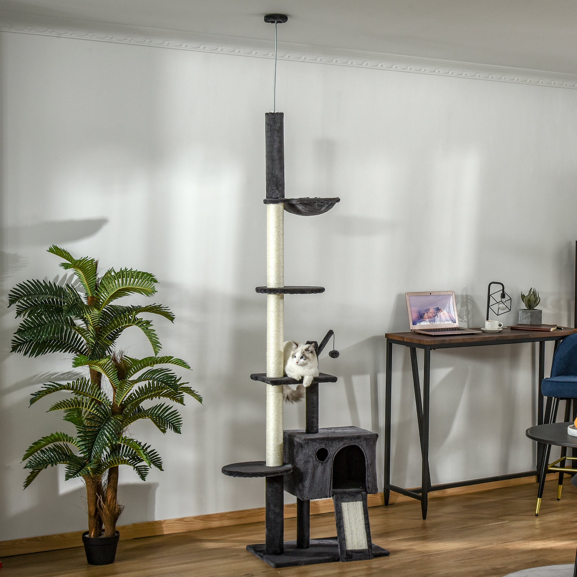 PawHut 93.75"-106.25" Floor to Ceiling Cat Tree for Large Cats Adult, Tall Cat Tree with Sisal Rope Scratching Post, Cat Condo Climbing Toy, Adjustable Height Cat Towers with Hammock, Dark Grey