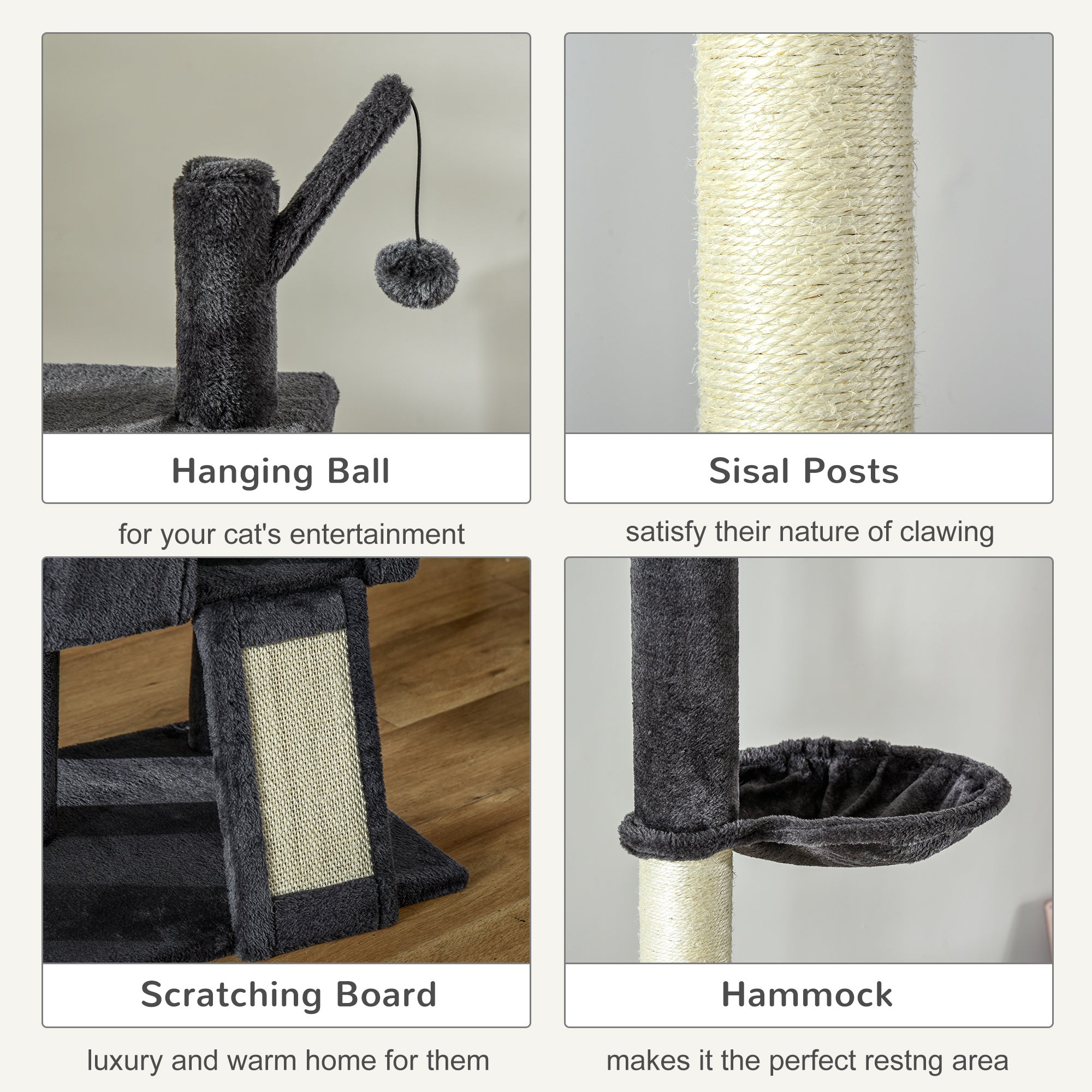 PawHut 93.75"-106.25" Floor to Ceiling Cat Tree for Large Cats Adult, Tall Cat Tree with Sisal Rope Scratching Post, Cat Condo Climbing Toy, Adjustable Height Cat Towers with Hammock, Dark Grey
