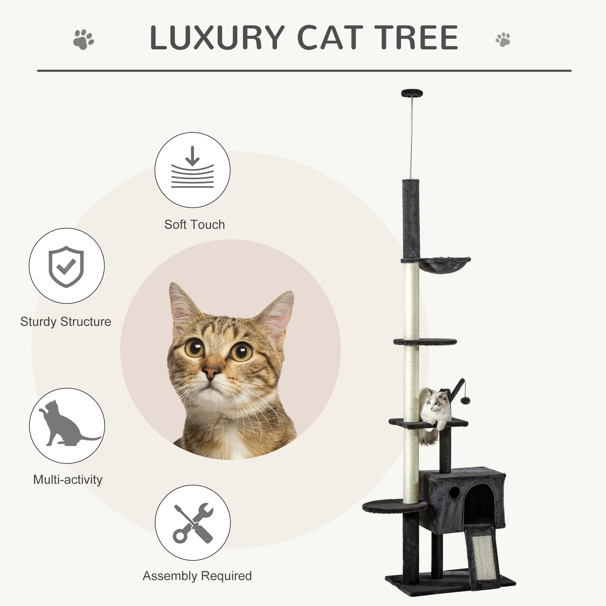 PawHut 93.75"-106.25" Floor to Ceiling Cat Tree for Large Cats Adult, Tall Cat Tree with Sisal Rope Scratching Post, Cat Condo Climbing Toy, Adjustable Height Cat Towers with Hammock, Dark Grey