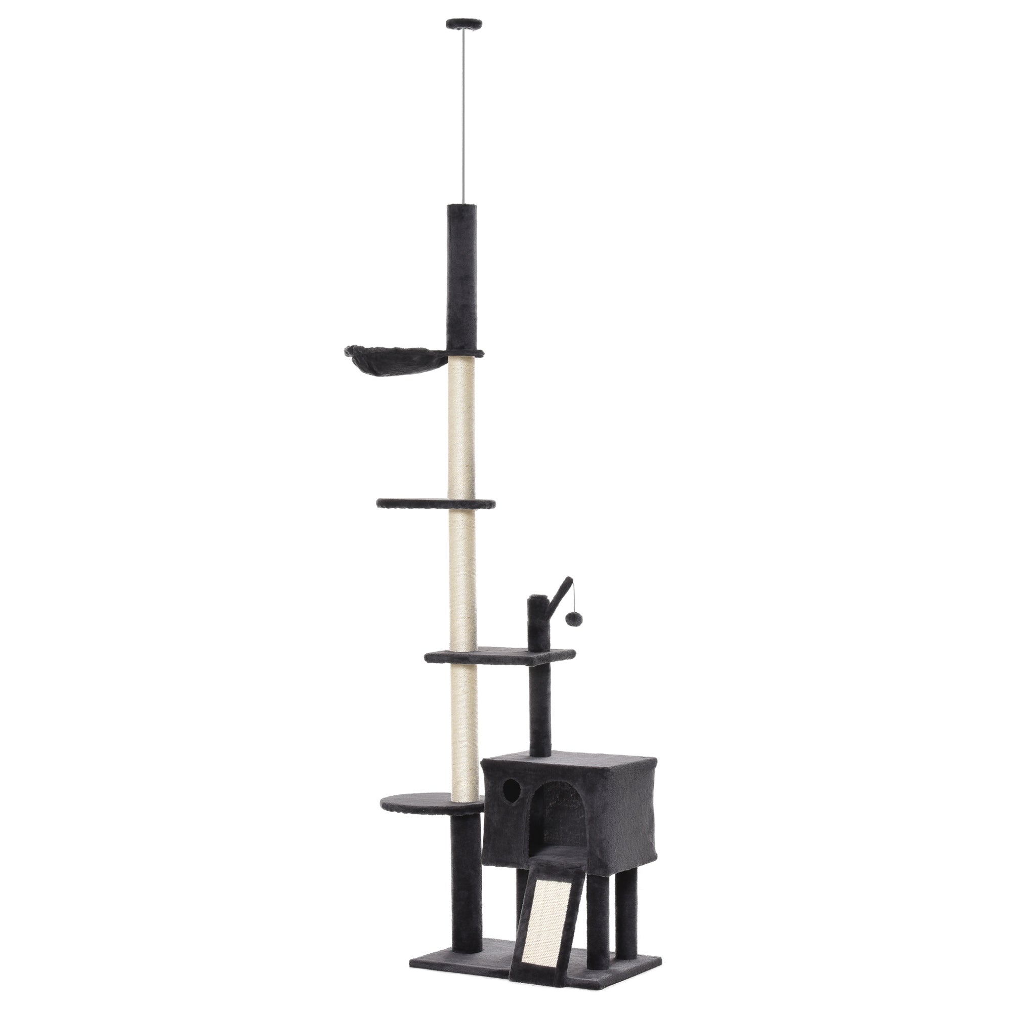 PawHut 93.75"-106.25" Floor to Ceiling Cat Tree for Large Cats Adult, Tall Cat Tree with Sisal Rope Scratching Post, Cat Condo Climbing Toy, Adjustable Height Cat Towers with Hammock, Dark Grey