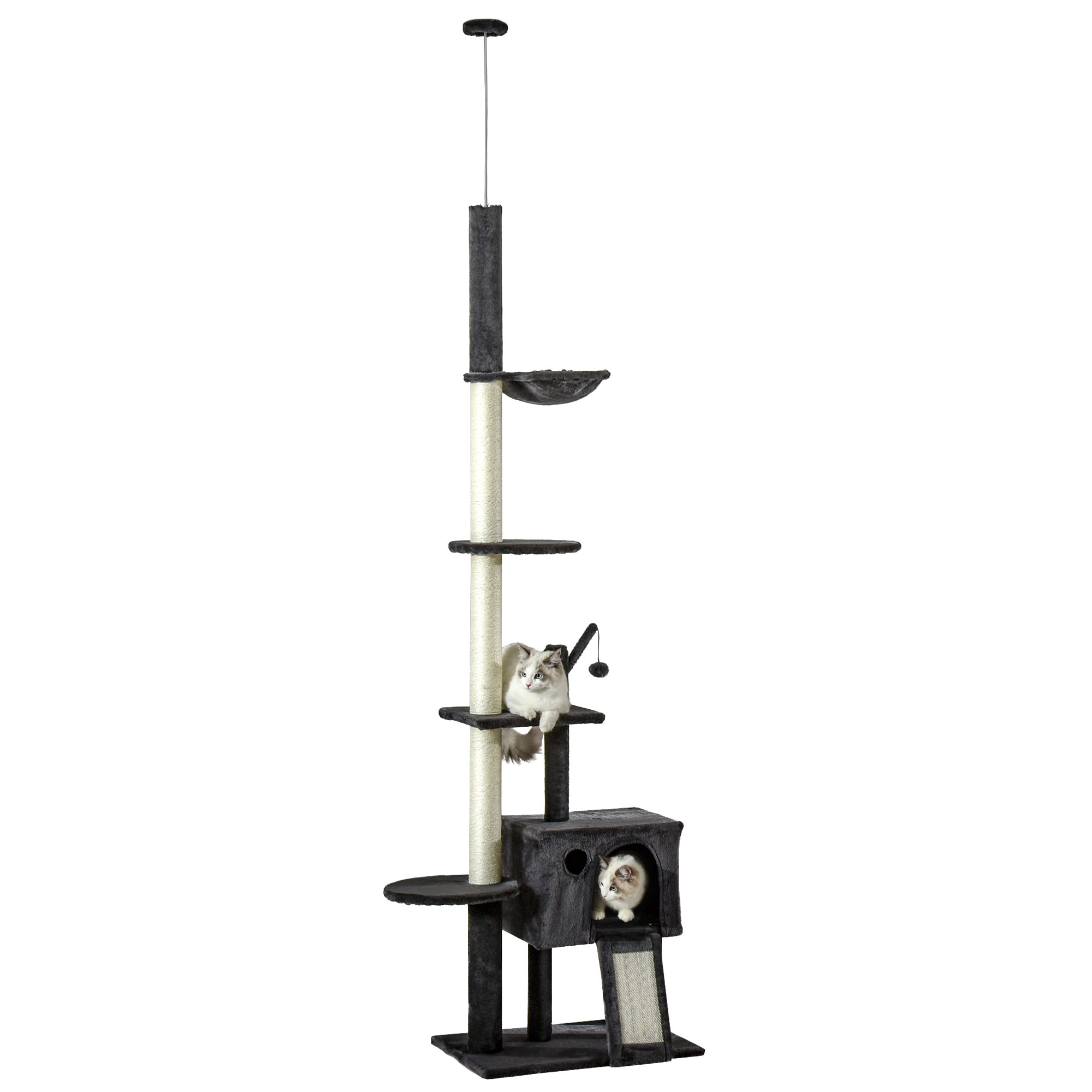 PawHut 93.75"-106.25" Floor to Ceiling Cat Tree for Large Cats Adult, Tall Cat Tree with Sisal Rope Scratching Post, Cat Condo Climbing Toy, Adjustable Height Cat Towers with Hammock, Dark Grey
