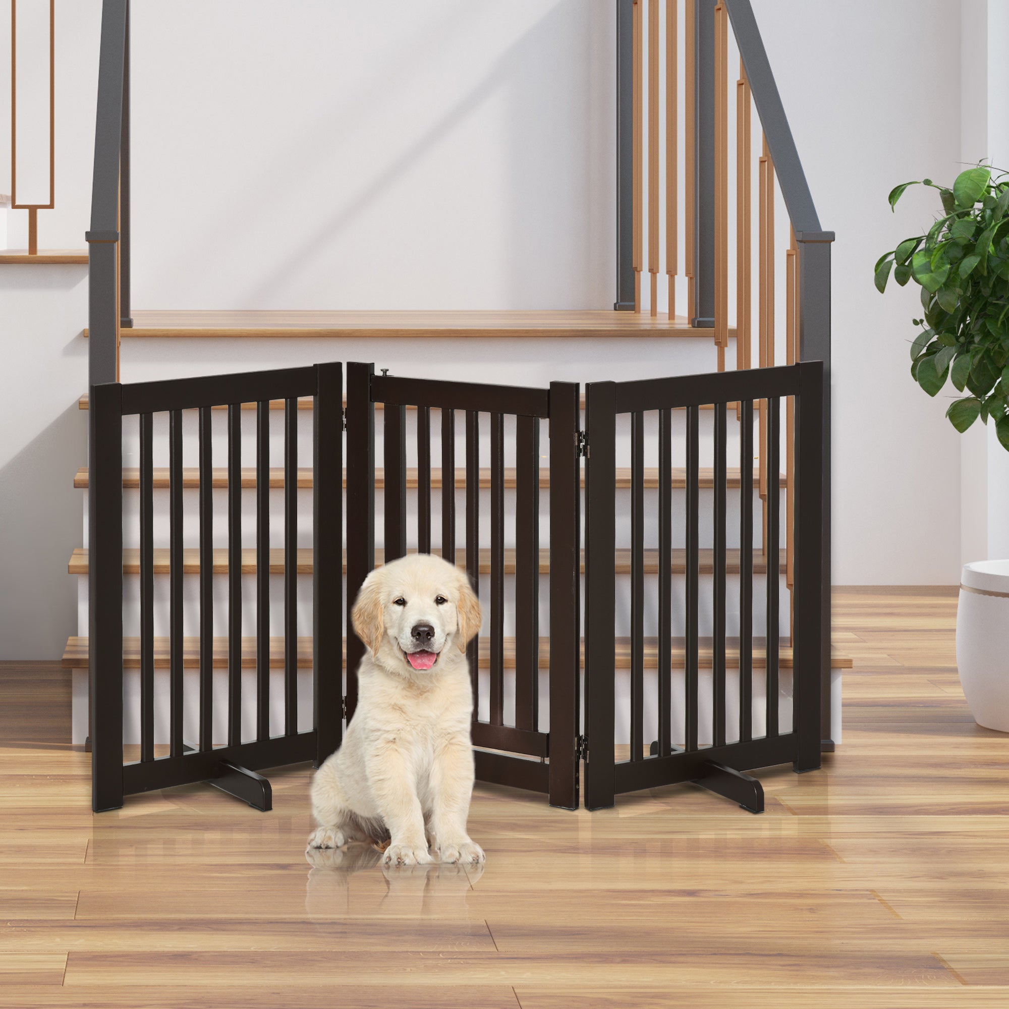 PawHut Freestanding Dog Gate, Foldable Pet Fence, Indoor Barrier, Stair Gate with Support Feet, 155 x 76 cm, Brown
