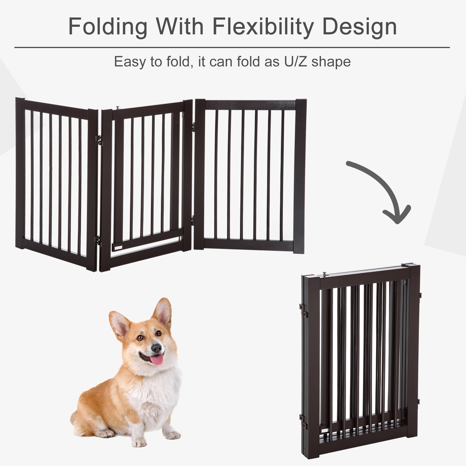 PawHut Free Standing Wooden Pet Gate Indoor Dog Barrier Foldable Step Over Doorway Fence Safety Gate with Open Door Z Shape 3 Panel
