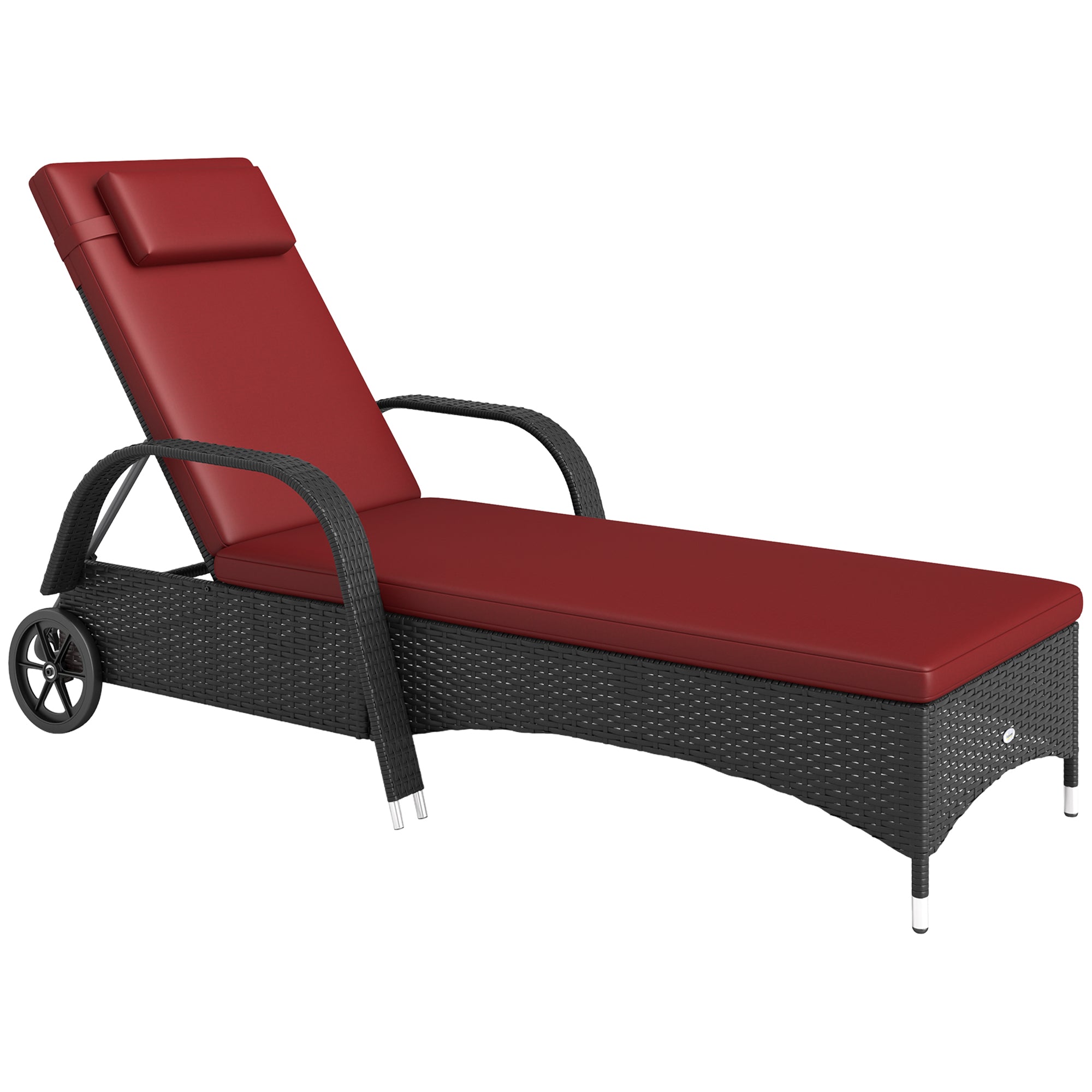 Outsunny Wicker Chaise Lounge, Outdoor Lounge Chair, PE Rattan Patio Sun lounger with Head-rest, 5-Level Height Adjust Backrest, Cushion & Wheels, Deep Coffee and Wine Red