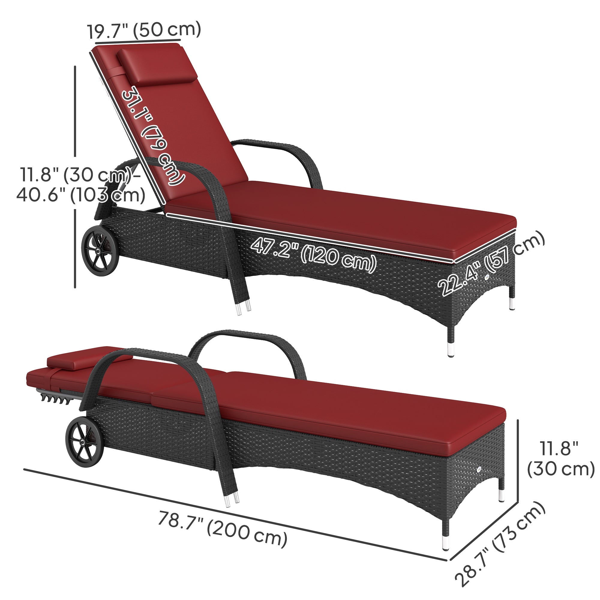 Outsunny Wicker Chaise Lounge, Outdoor Lounge Chair, PE Rattan Patio Sun lounger with Head-rest, 5-Level Height Adjust Backrest, Cushion & Wheels, Deep Coffee and Wine Red