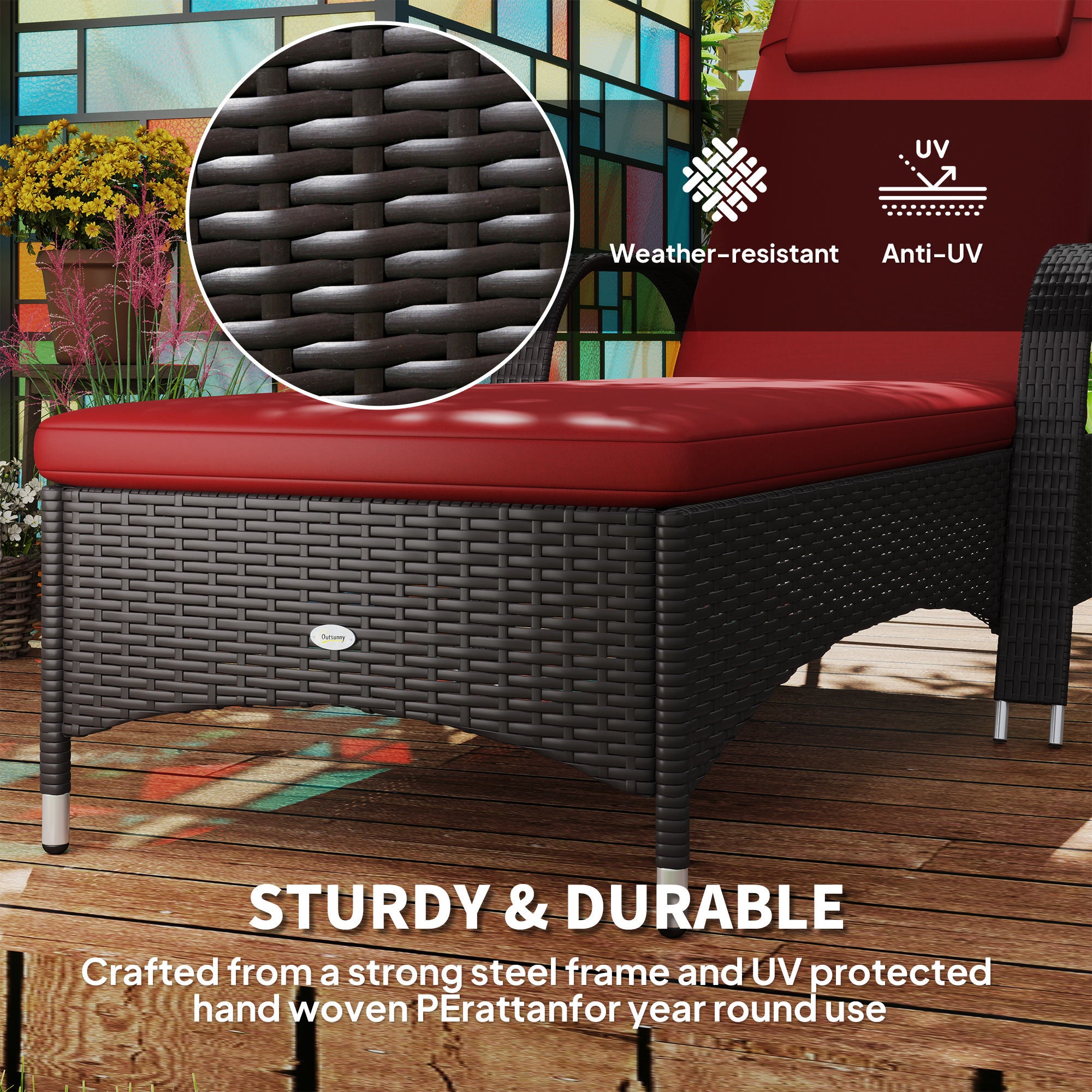 Outsunny Wicker Chaise Lounge, Outdoor Lounge Chair, PE Rattan Patio Sun lounger with Head-rest, 5-Level Height Adjust Backrest, Cushion & Wheels, Deep Coffee and Wine Red