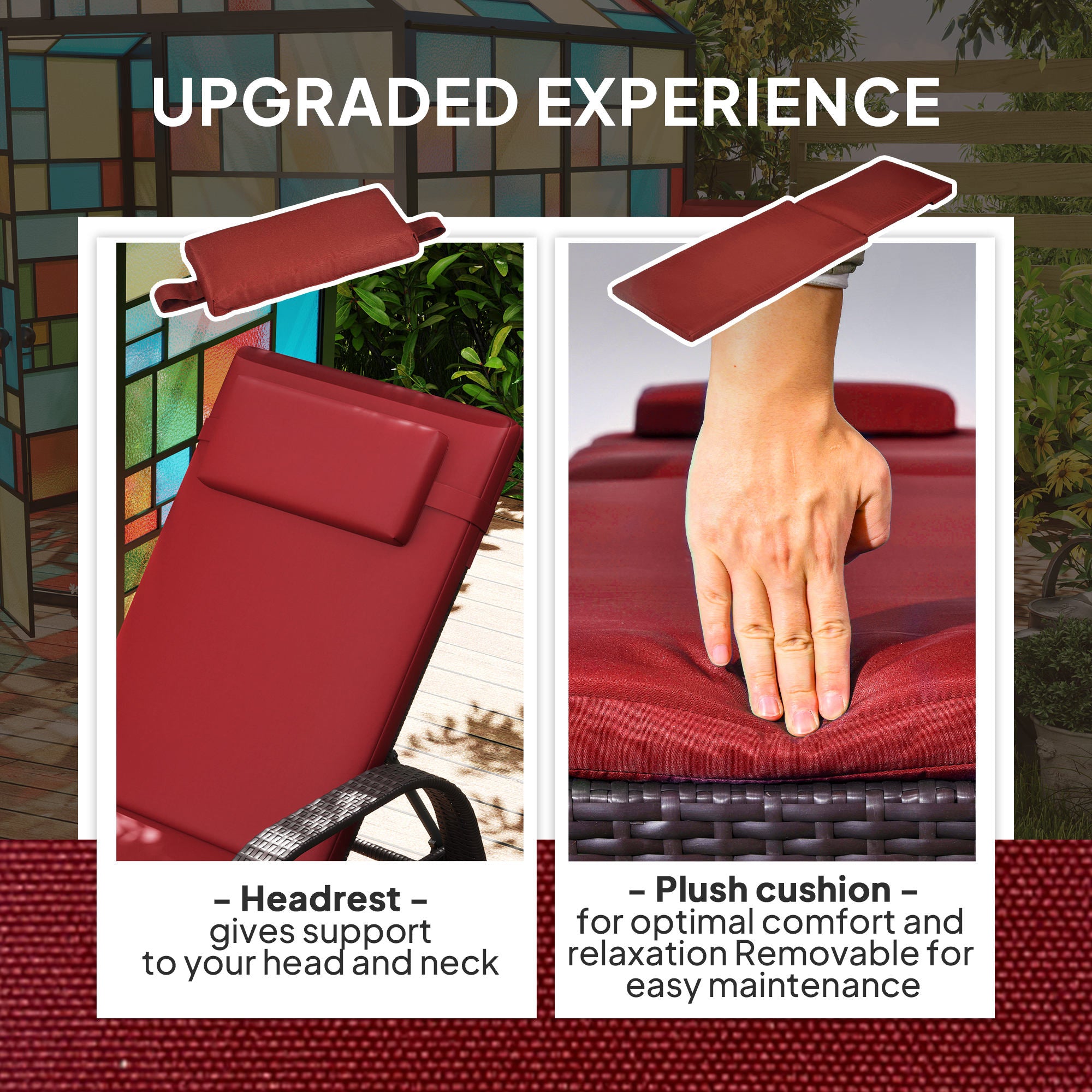 Outsunny Wicker Chaise Lounge, Outdoor Lounge Chair, PE Rattan Patio Sun lounger with Head-rest, 5-Level Height Adjust Backrest, Cushion & Wheels, Deep Coffee and Wine Red