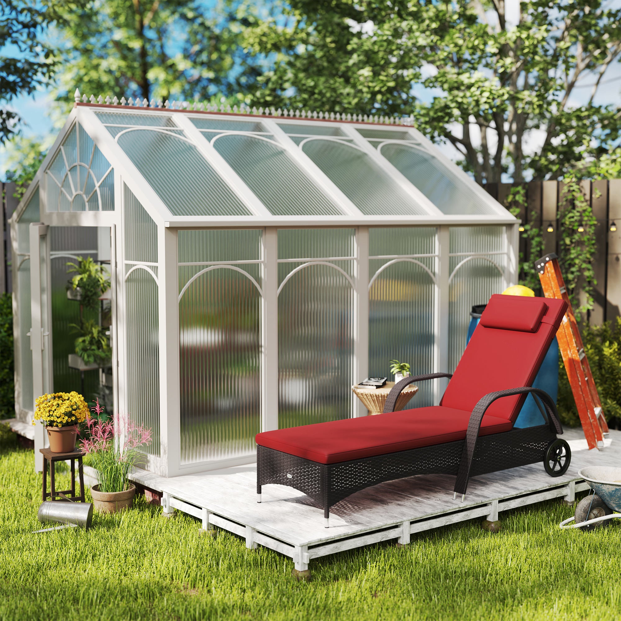 Outsunny Wicker Chaise Lounge, Outdoor Lounge Chair, PE Rattan Patio Sun lounger with Head-rest, 5-Level Height Adjust Backrest, Cushion & Wheels, Deep Coffee and Wine Red