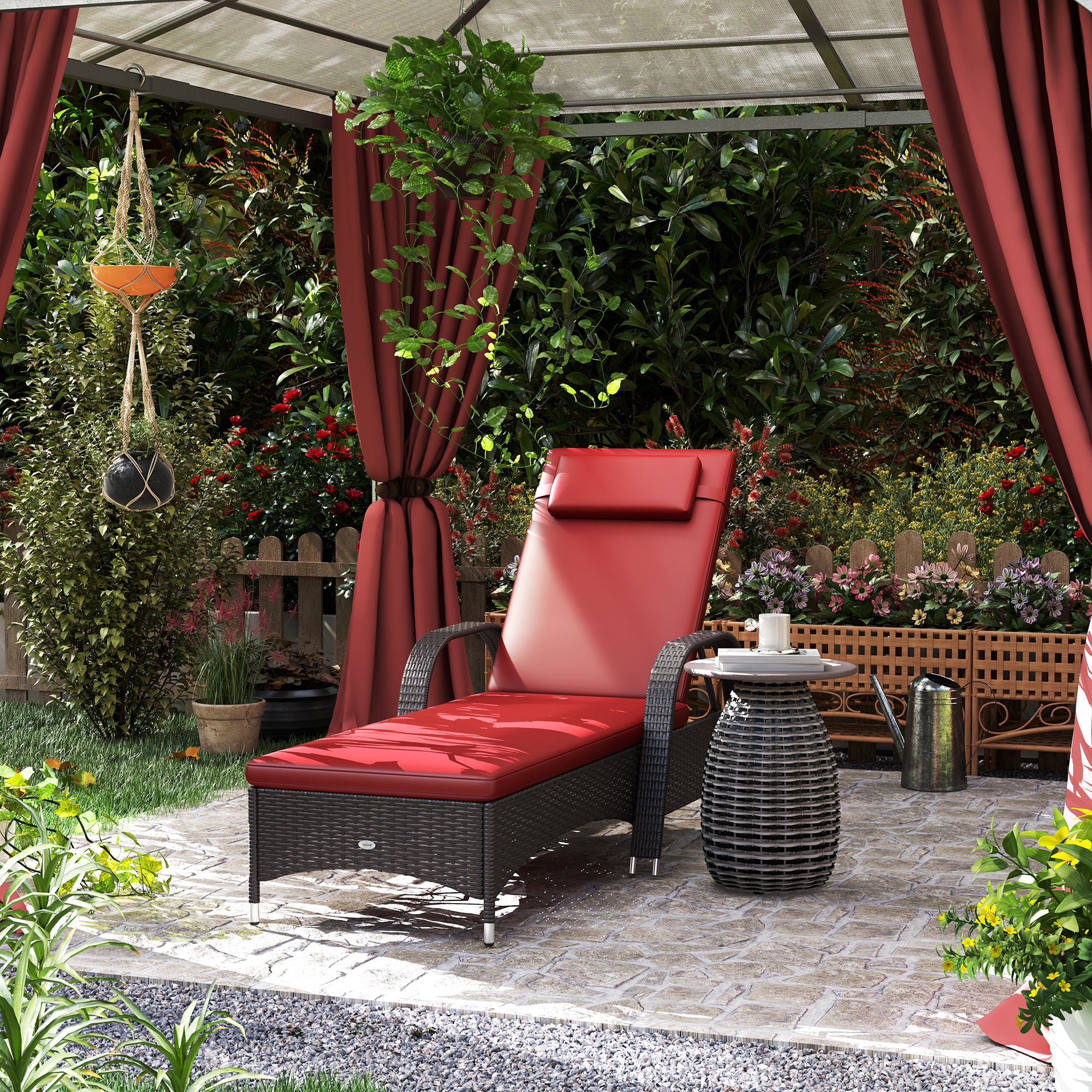 Outsunny Wicker Chaise Lounge, Outdoor Lounge Chair, PE Rattan Patio Sun lounger with Head-rest, 5-Level Height Adjust Backrest, Cushion & Wheels, Deep Coffee and Wine Red