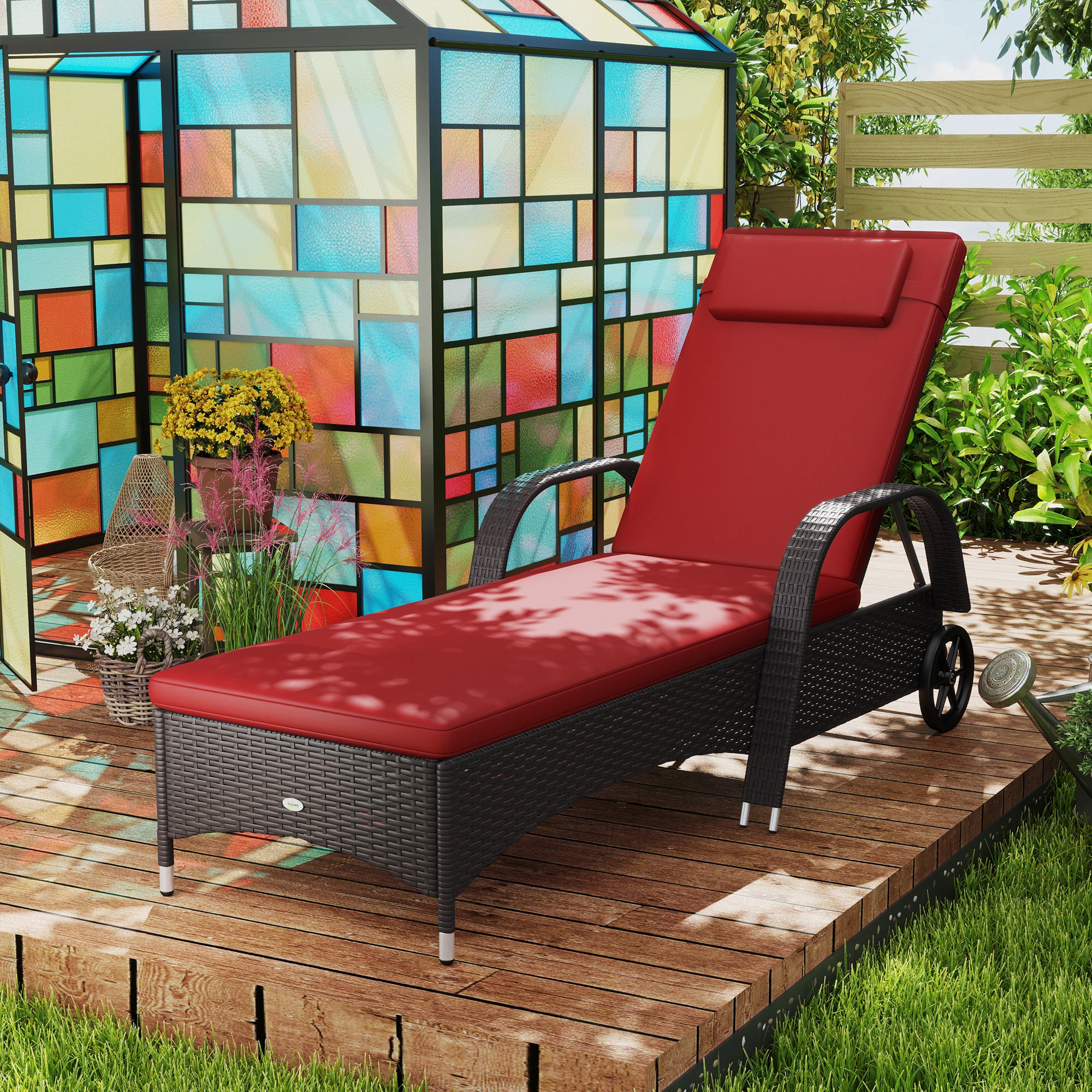 Outsunny Wicker Chaise Lounge, Outdoor Lounge Chair, PE Rattan Patio Sun lounger with Head-rest, 5-Level Height Adjust Backrest, Cushion & Wheels, Deep Coffee and Wine Red