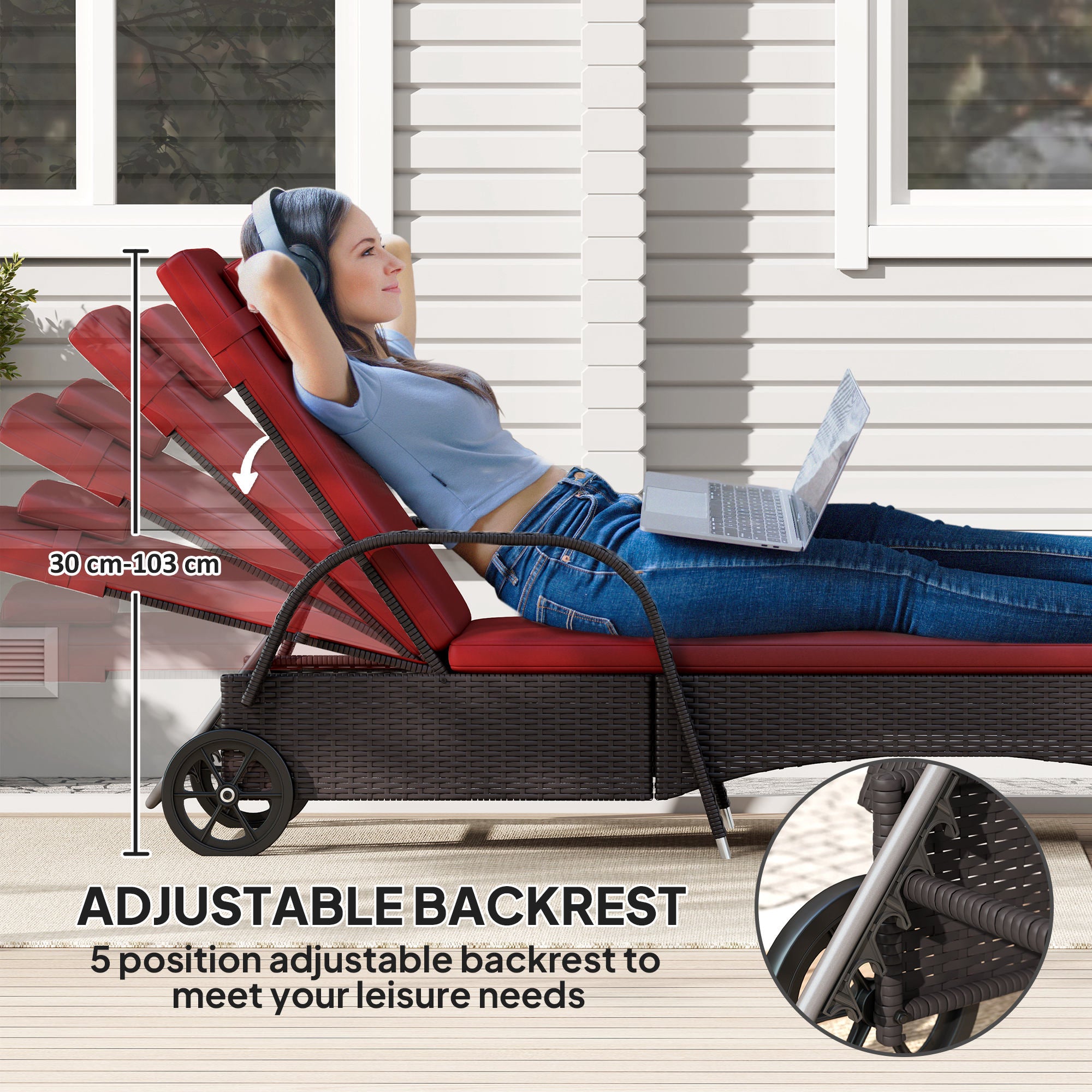 Outsunny Wicker Chaise Lounge, Outdoor Lounge Chair, PE Rattan Patio Sun lounger with Head-rest, 5-Level Height Adjust Backrest, Cushion & Wheels, Deep Coffee and Wine Red