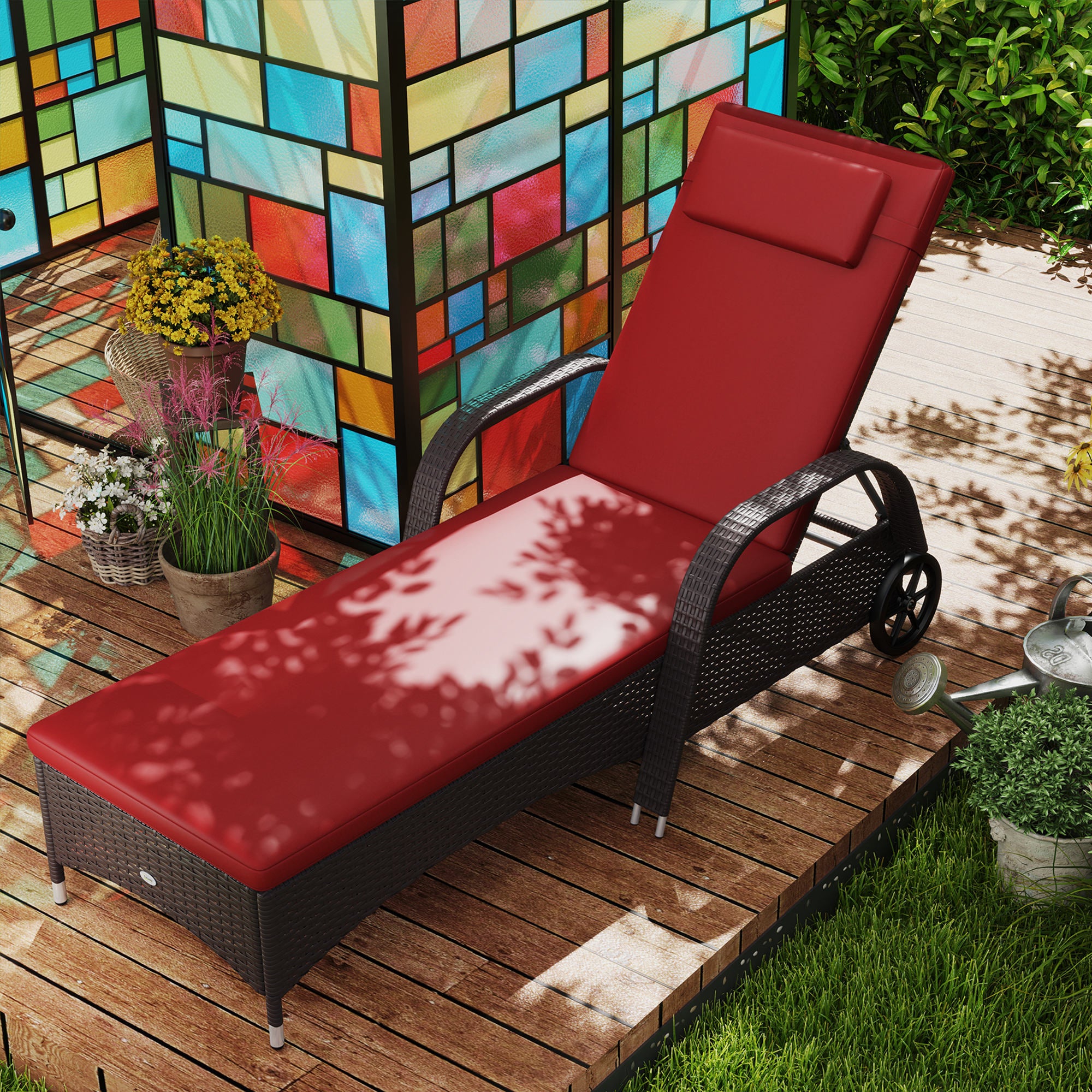 Outsunny Wicker Chaise Lounge, Outdoor Lounge Chair, PE Rattan Patio Sun lounger with Head-rest, 5-Level Height Adjust Backrest, Cushion & Wheels, Deep Coffee and Wine Red