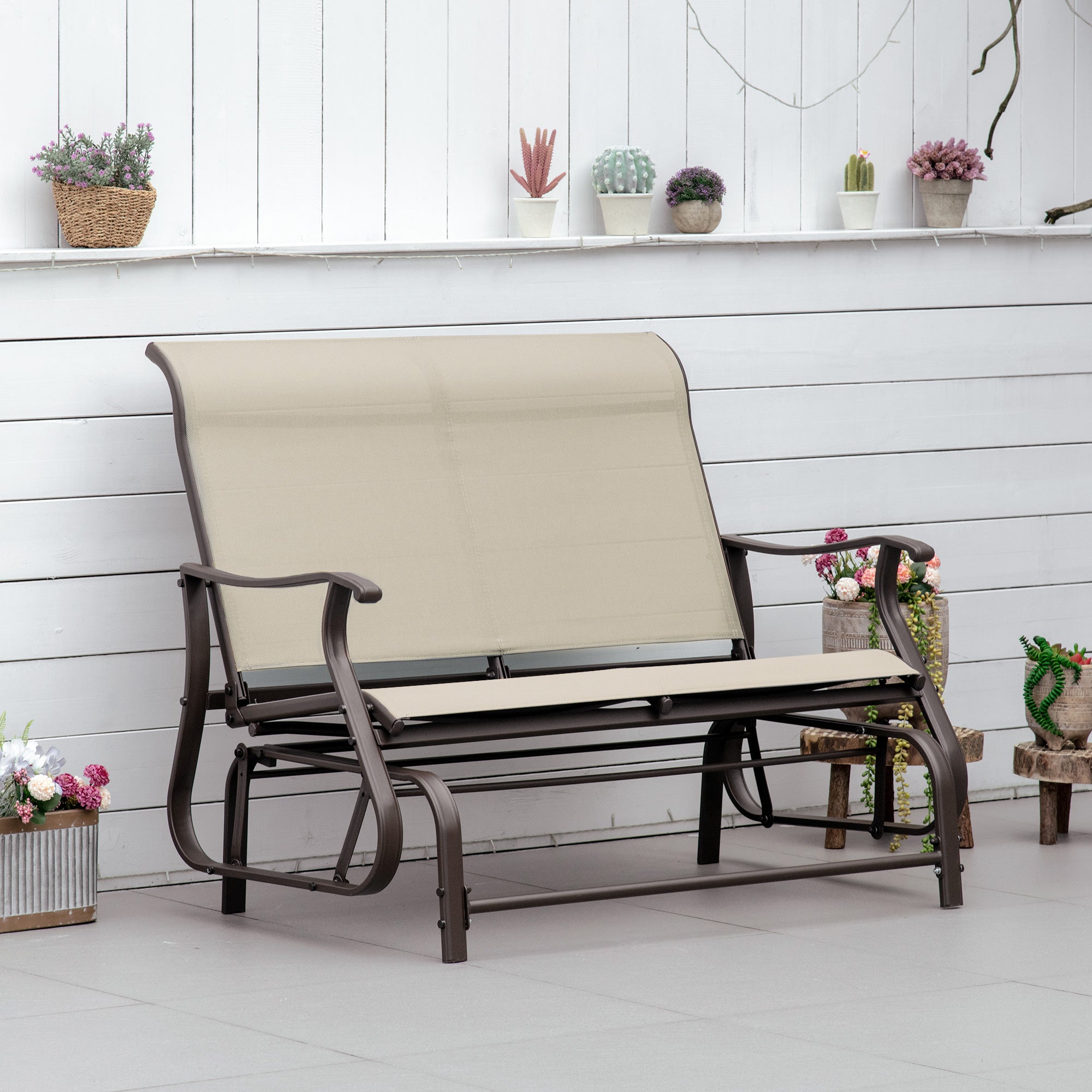 Outsunny 2-Person Outdoor Glider Chair, Patio Glider Rocking Chair with Mesh Seat and Backrest, Steel Frame for Outdoor, Backyard, Khaki