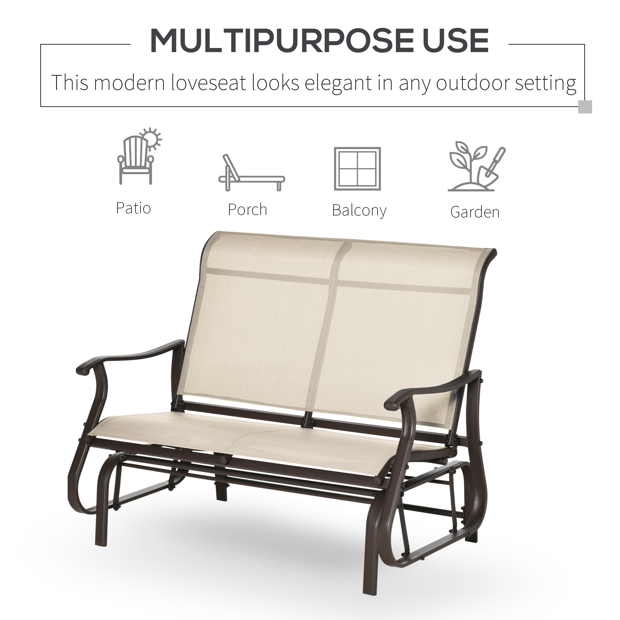 Outsunny 2-Person Outdoor Glider Chair, Patio Glider Rocking Chair with Mesh Seat and Backrest, Steel Frame for Outdoor, Backyard, Khaki