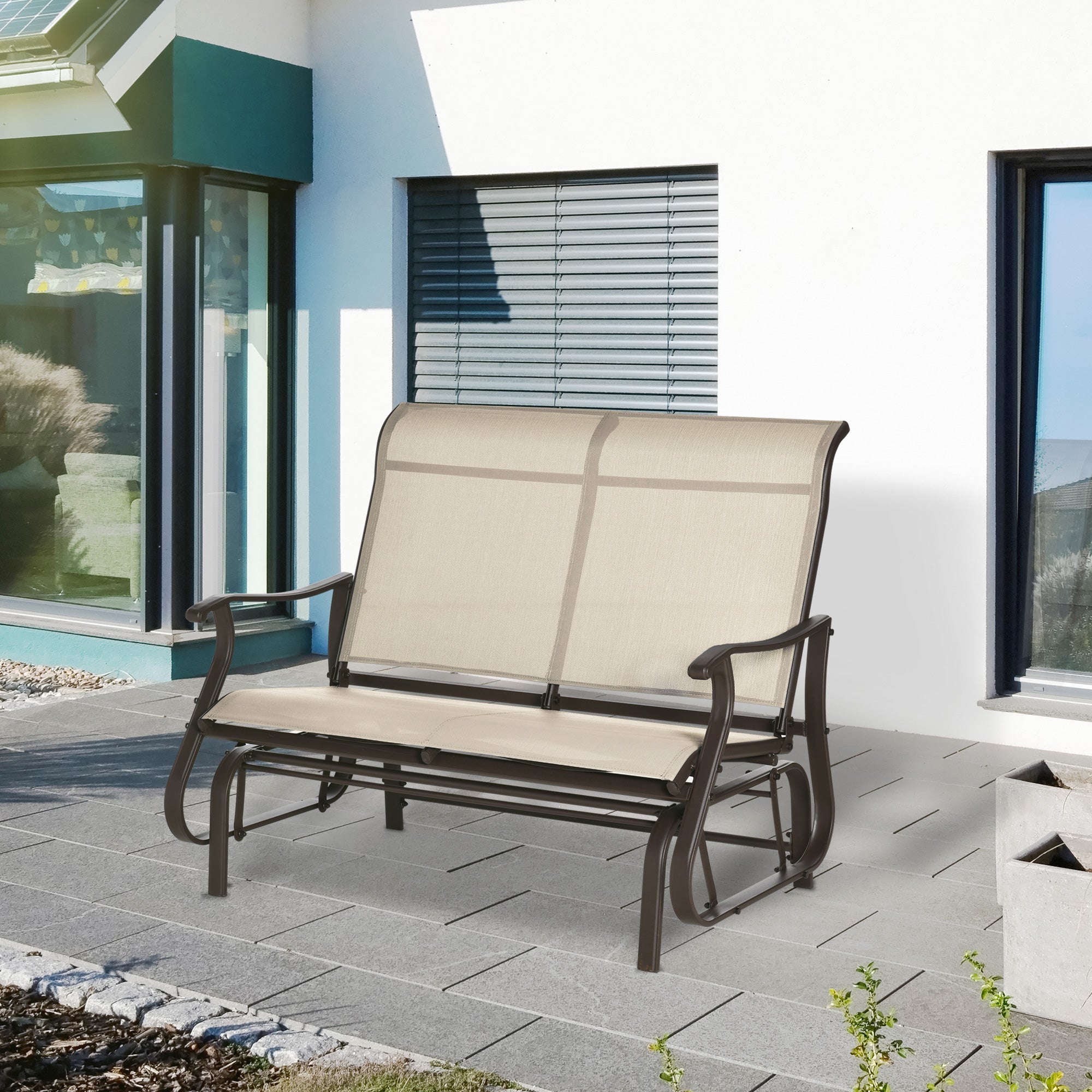 Outsunny 2-Person Outdoor Glider Chair, Patio Glider Rocking Chair with Mesh Seat and Backrest, Steel Frame for Outdoor, Backyard, Khaki