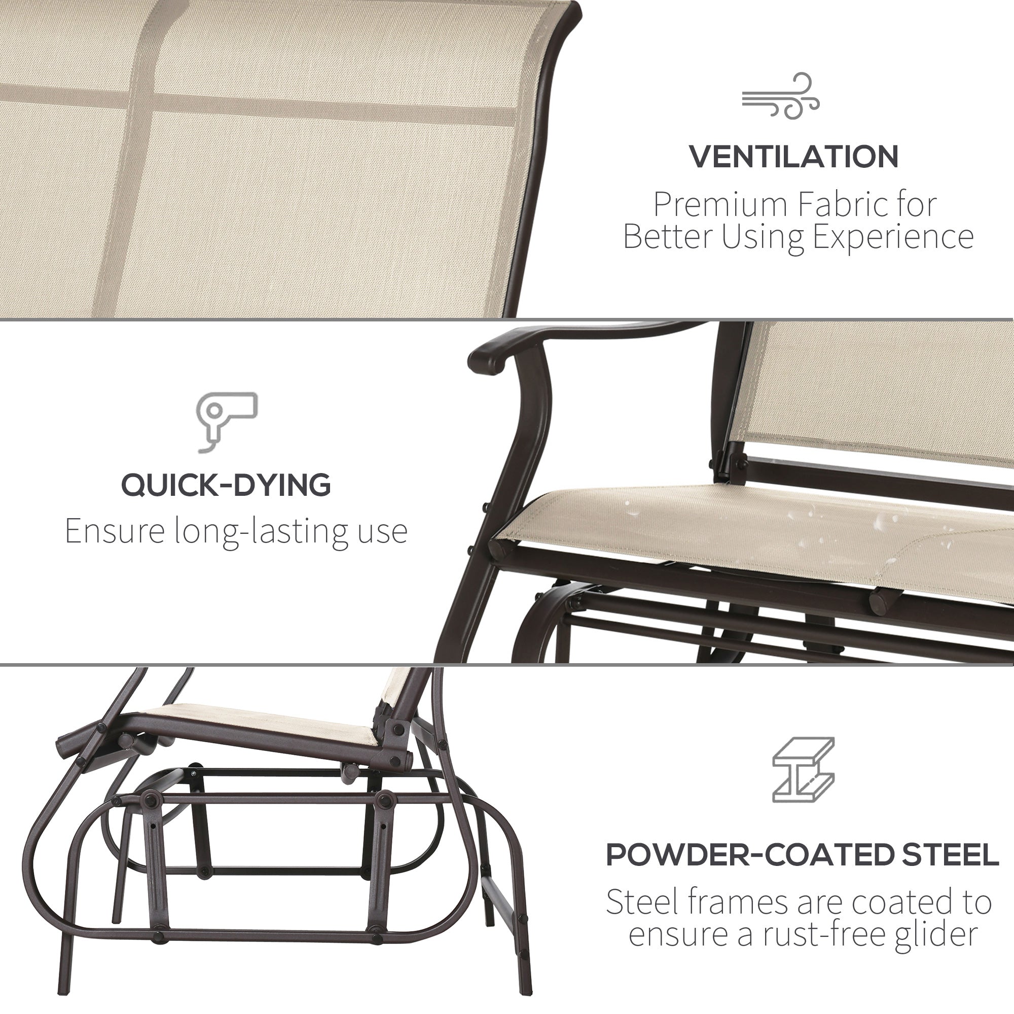 Outsunny 2-Person Outdoor Glider Chair, Patio Glider Rocking Chair with Mesh Seat and Backrest, Steel Frame for Outdoor, Backyard, Khaki