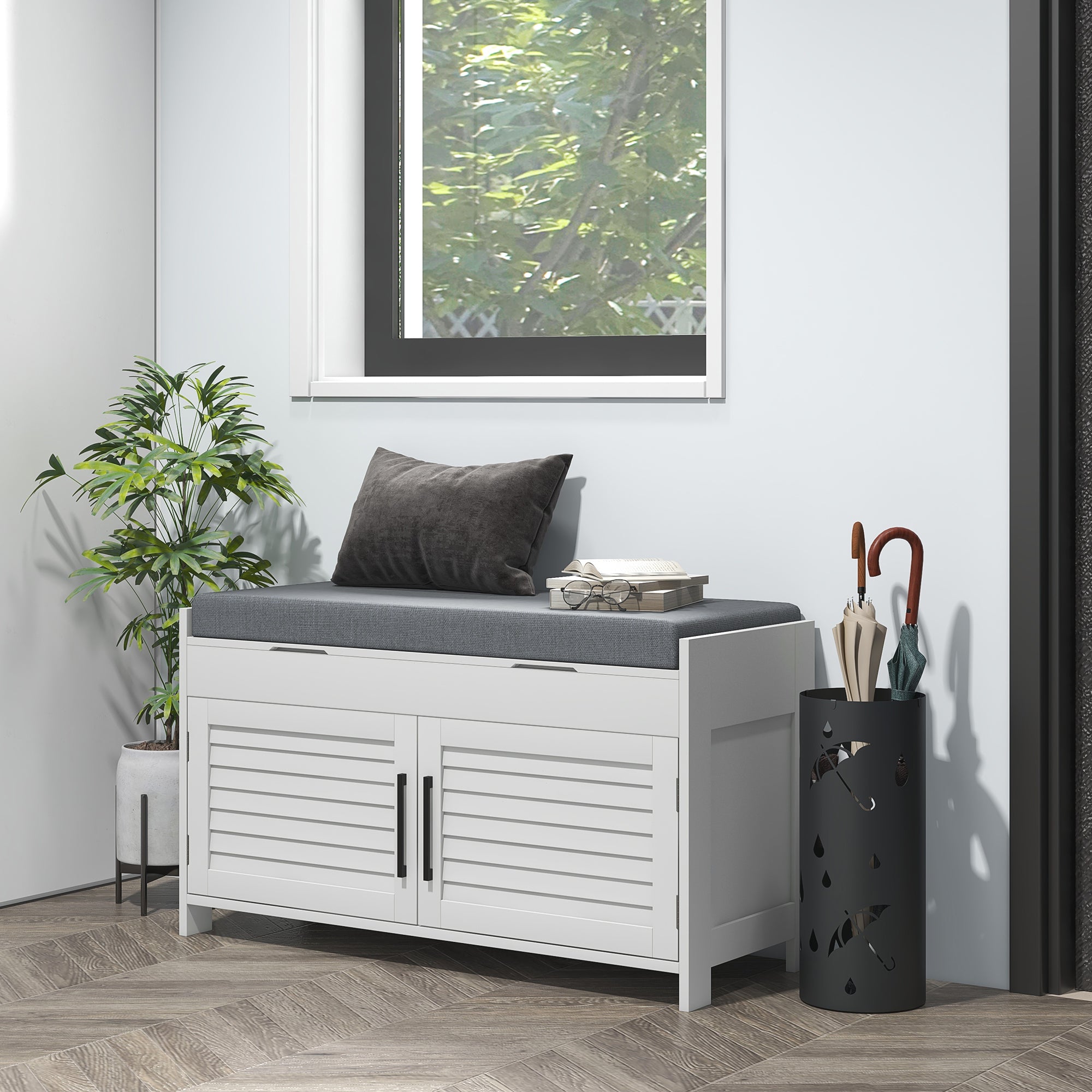 HOMCOM Shoe Bench, Entryway Storage Bench with Cushion, Hidden Storage, Adjustable Shelves and Shutter Doors, 35.4