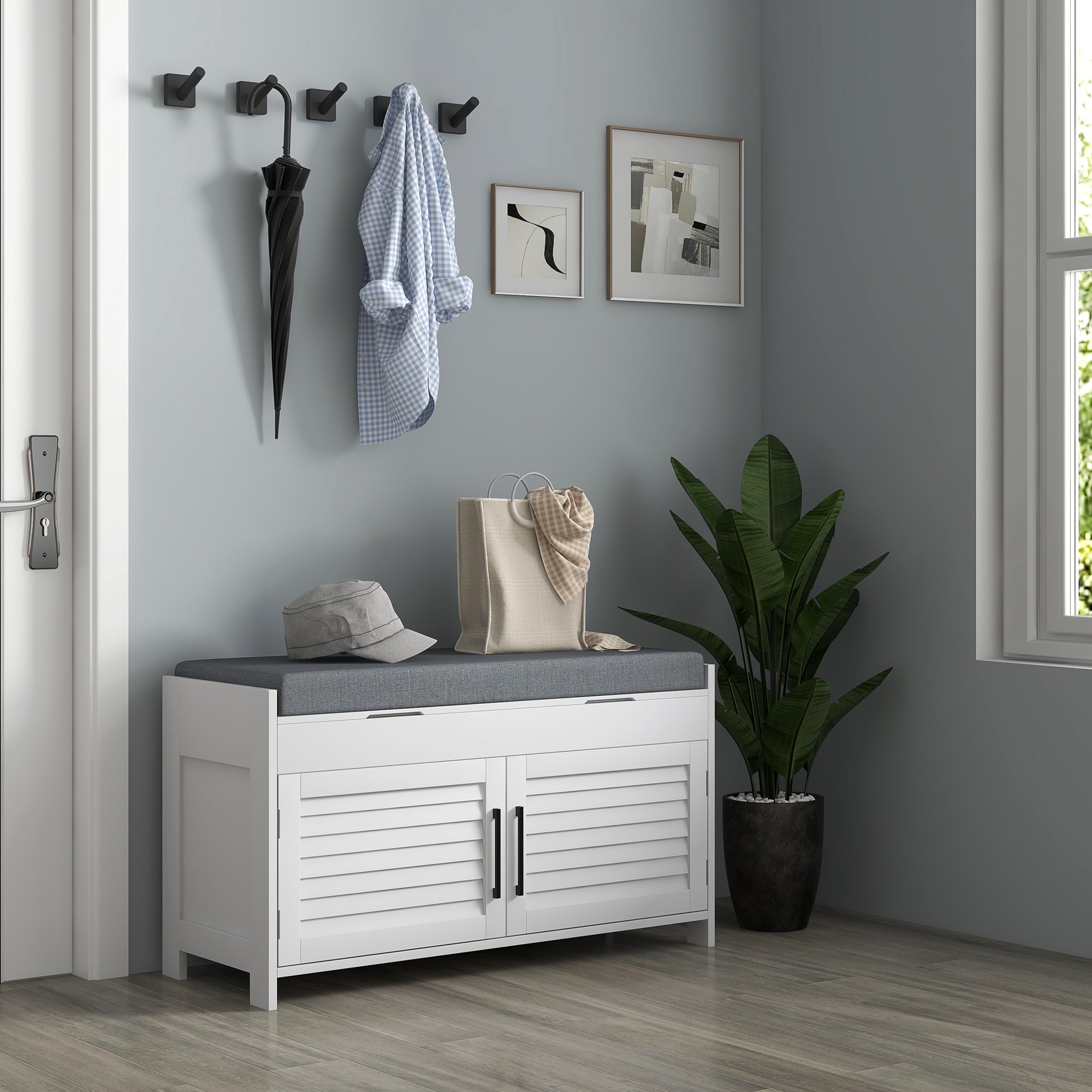 HOMCOM Shoe Bench, Entryway Storage Bench with Cushion, Hidden Storage, Adjustable Shelves and Shutter Doors, 35.4