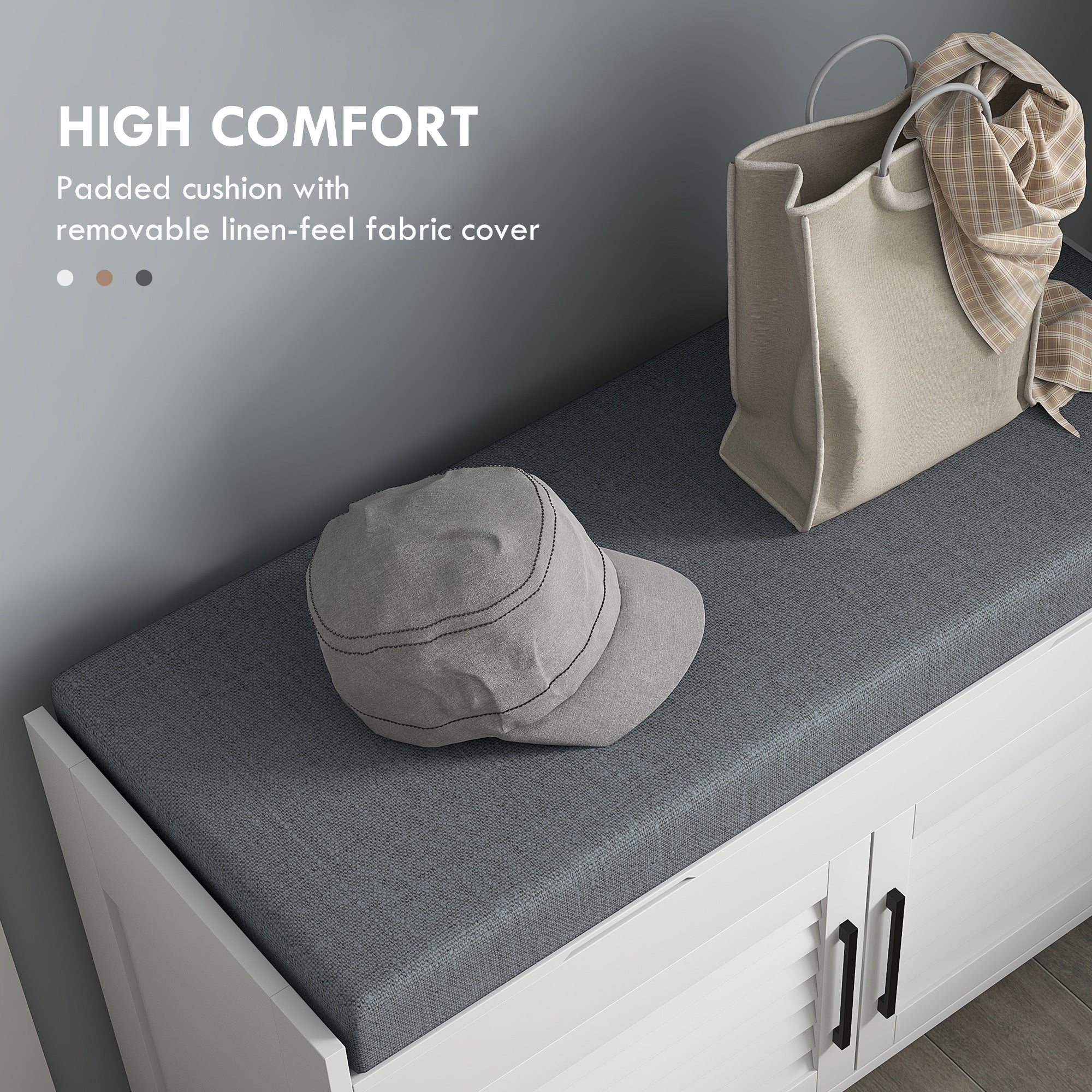 HOMCOM Shoe Bench, Entryway Storage Bench with Cushion, Hidden Storage, Adjustable Shelves and Shutter Doors, 35.4