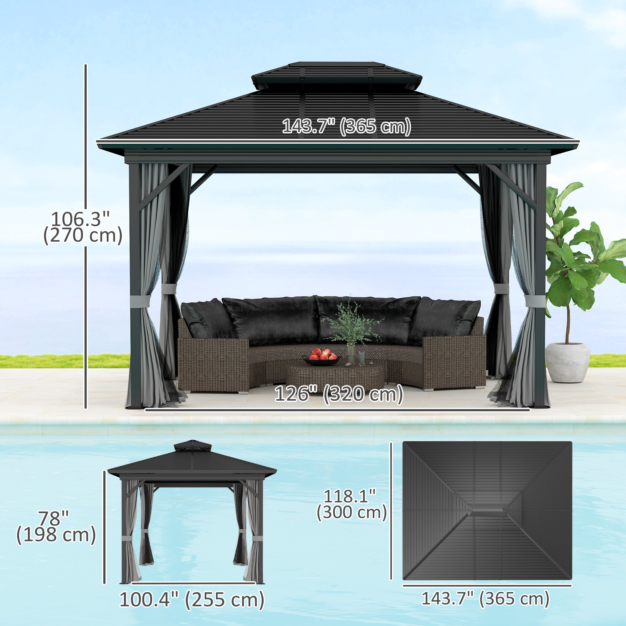 Outsunny 10' x 12' Hardtop Gazebo, Aluminum Frame Garden Sun Shelter with Double Tier Metal Roof, Mosquito Netting, Curtains, and Hanging Hook, Light Grey