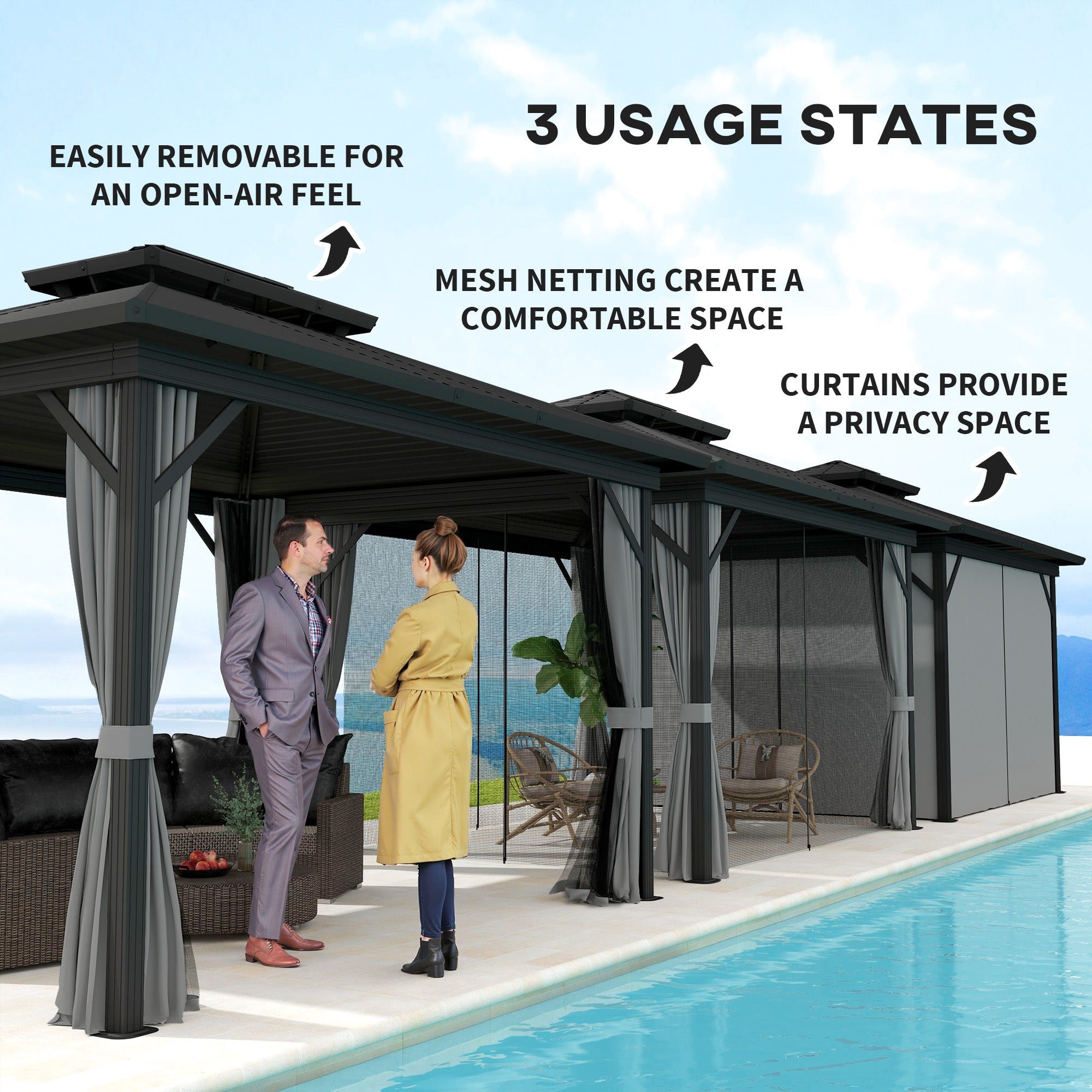 Outsunny 10' x 12' Hardtop Gazebo, Aluminum Frame Garden Sun Shelter with Double Tier Metal Roof, Mosquito Netting, Curtains, and Hanging Hook, Light Grey