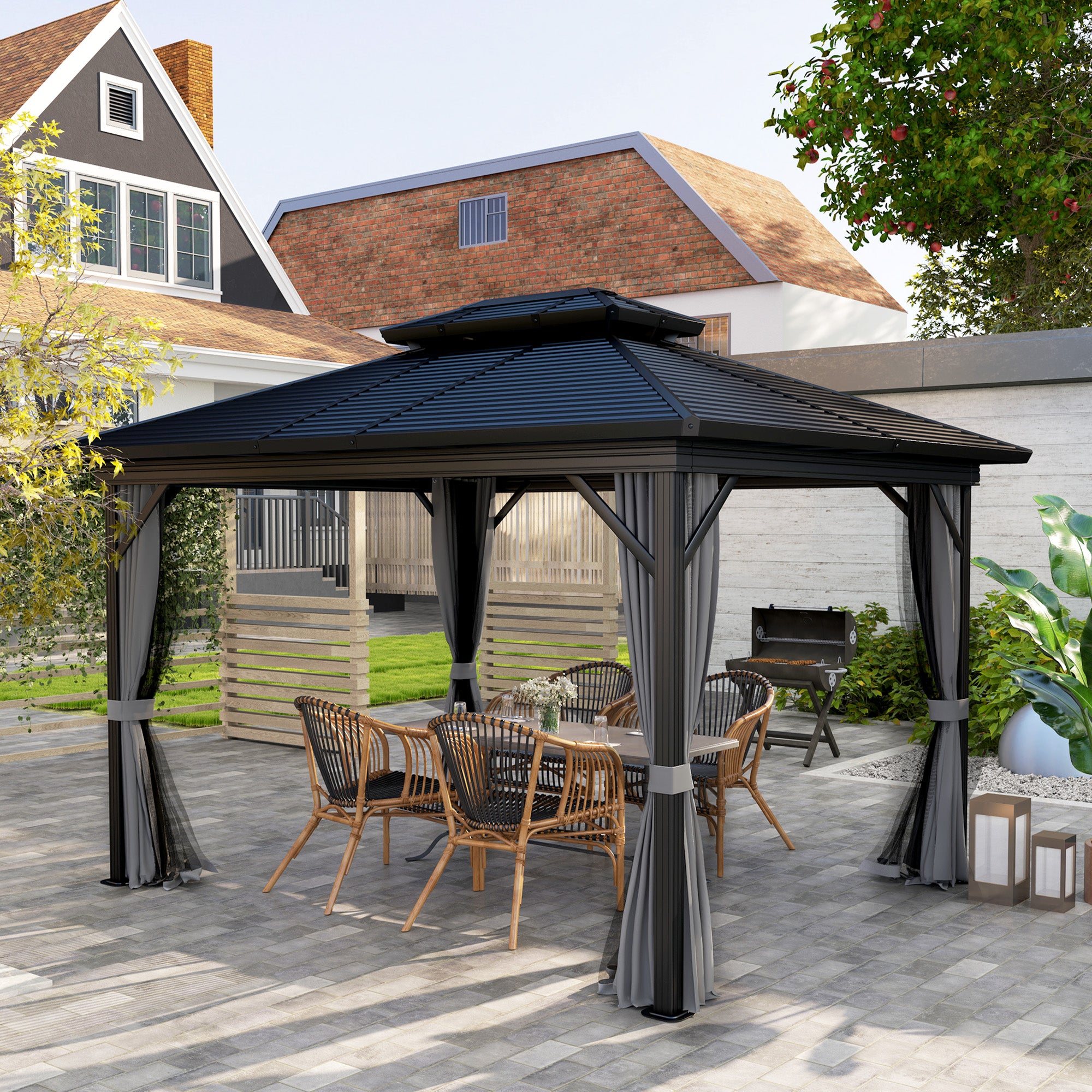 Outsunny 10' x 12' Hardtop Gazebo, Aluminum Frame Garden Sun Shelter with Double Tier Metal Roof, Mosquito Netting, Curtains, and Hanging Hook, Light Grey