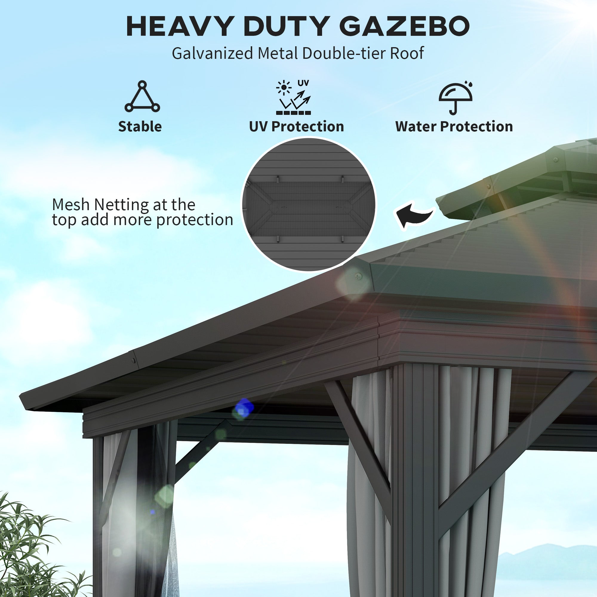 Outsunny 10' x 12' Hardtop Gazebo, Aluminum Frame Garden Sun Shelter with Double Tier Metal Roof, Mosquito Netting, Curtains, and Hanging Hook, Light Grey
