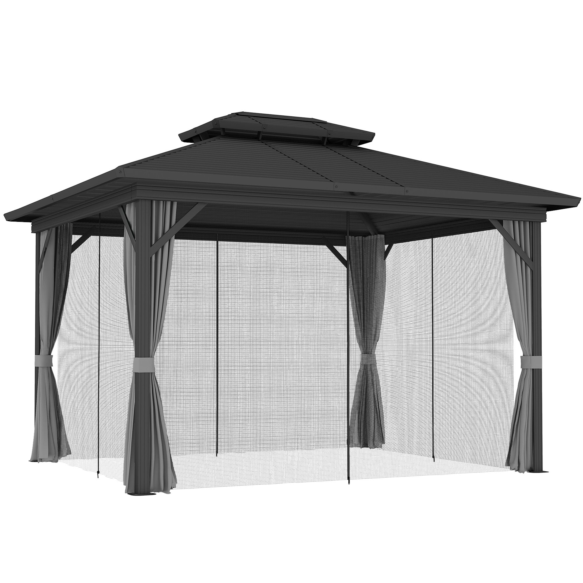Outsunny 10' x 12' Hardtop Gazebo, Aluminum Frame Garden Sun Shelter with Double Tier Metal Roof, Mosquito Netting, Curtains, and Hanging Hook, Light Grey