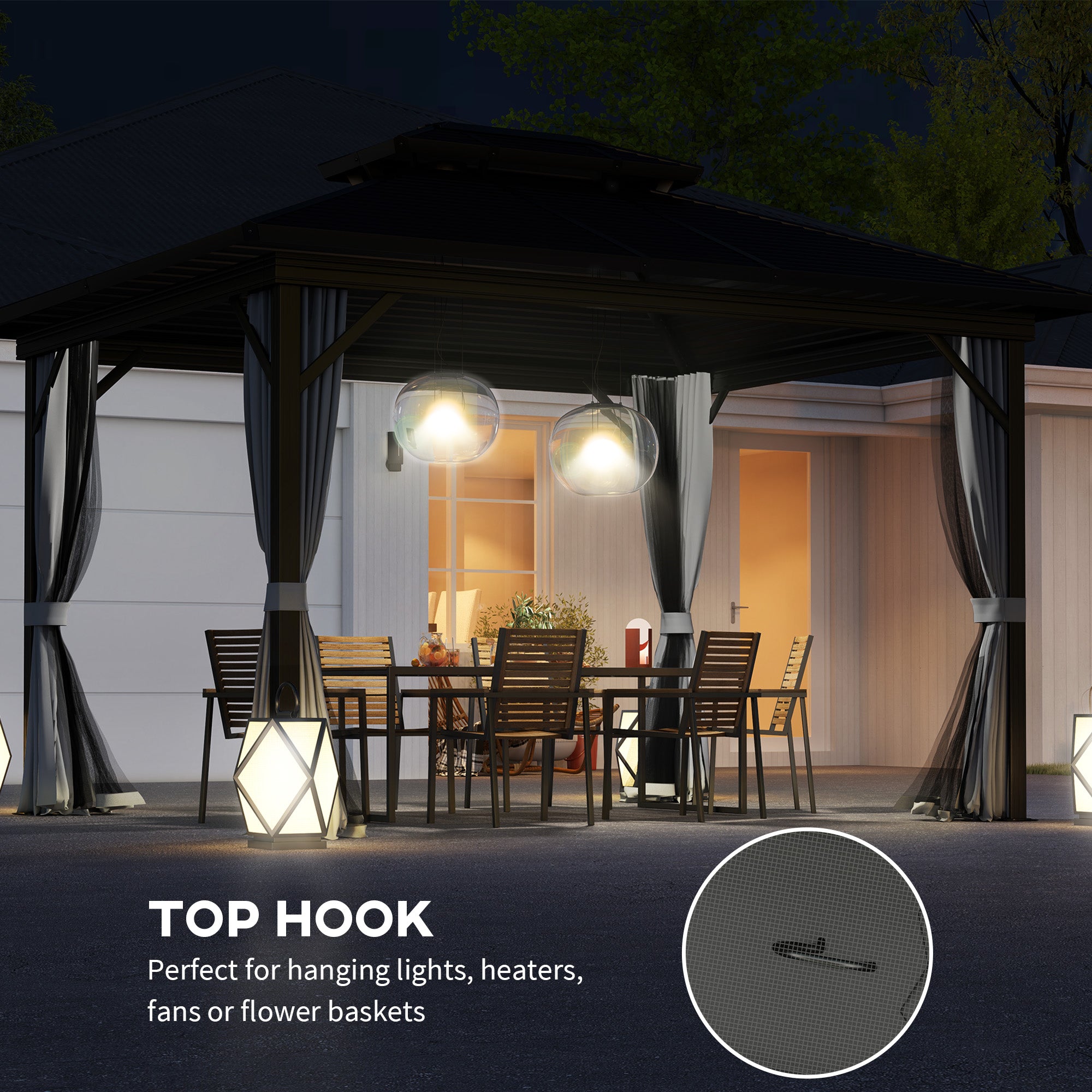 Outsunny 10' x 12' Hardtop Gazebo, Aluminum Frame Garden Sun Shelter with Double Tier Metal Roof, Mosquito Netting, Curtains, and Hanging Hook, Light Grey