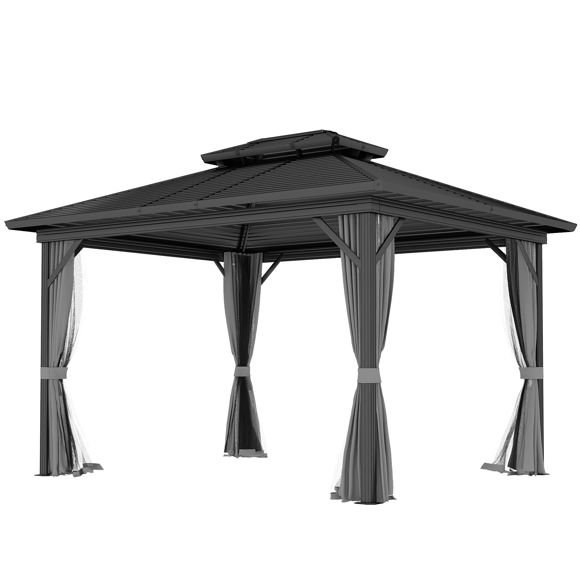Outsunny 10' x 12' Hardtop Gazebo, Aluminum Frame Garden Sun Shelter with Double Tier Metal Roof, Mosquito Netting, Curtains, and Hanging Hook, Light Grey