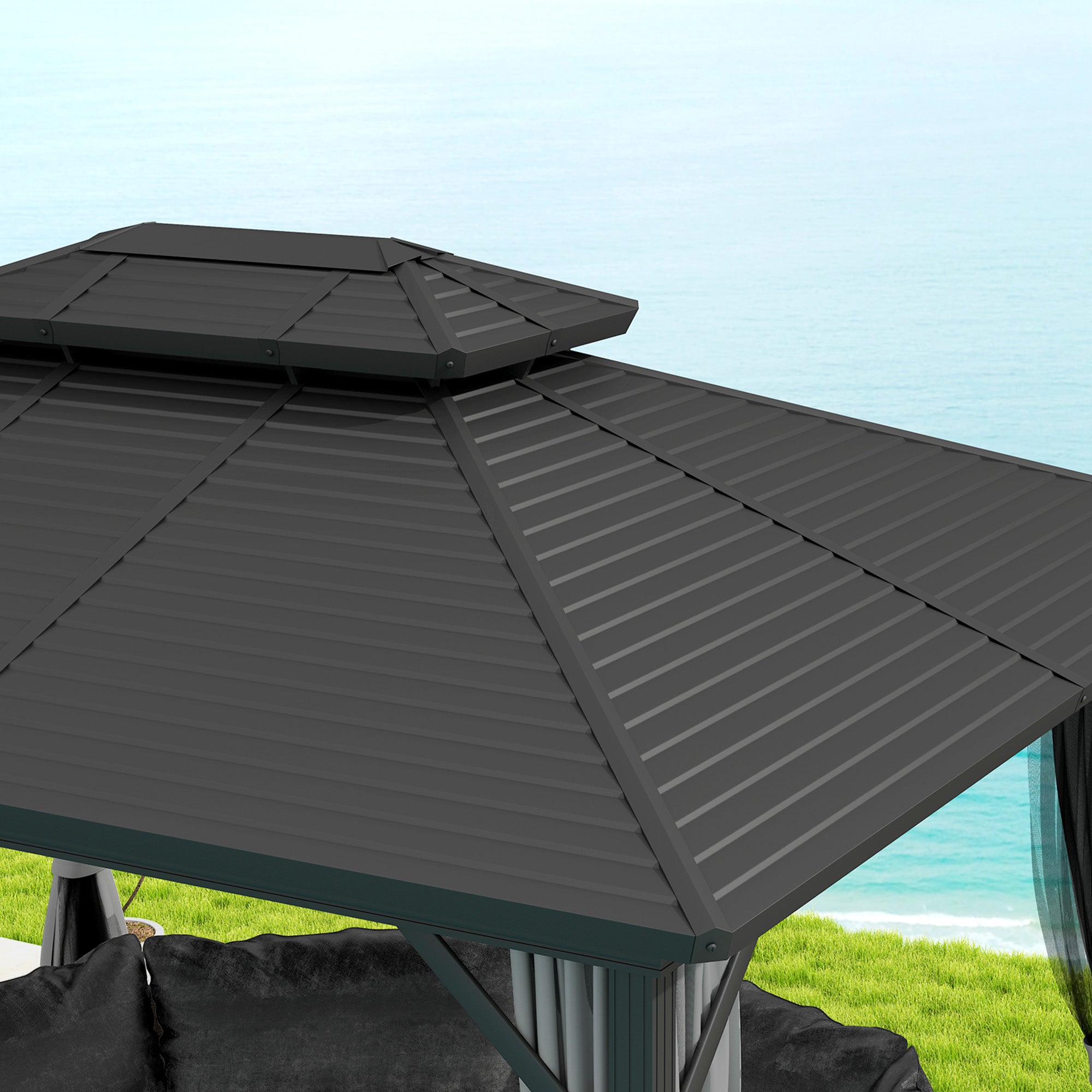 Outsunny 10' x 12' Hardtop Gazebo, Aluminum Frame Garden Sun Shelter with Double Tier Metal Roof, Mosquito Netting, Curtains, and Hanging Hook, Light Grey