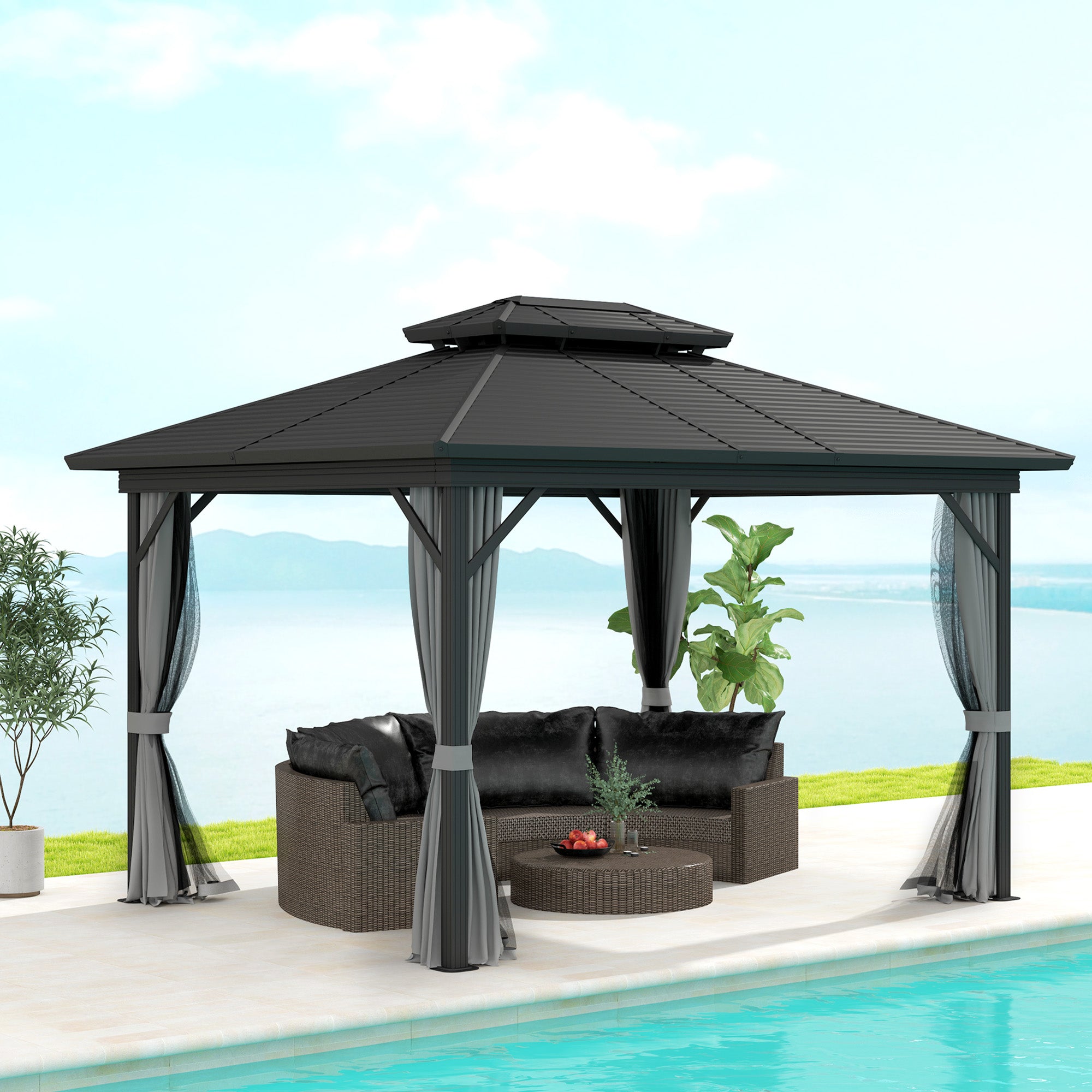 Outsunny 10' x 12' Hardtop Gazebo, Aluminum Frame Garden Sun Shelter with Double Tier Metal Roof, Mosquito Netting, Curtains, and Hanging Hook, Light Grey