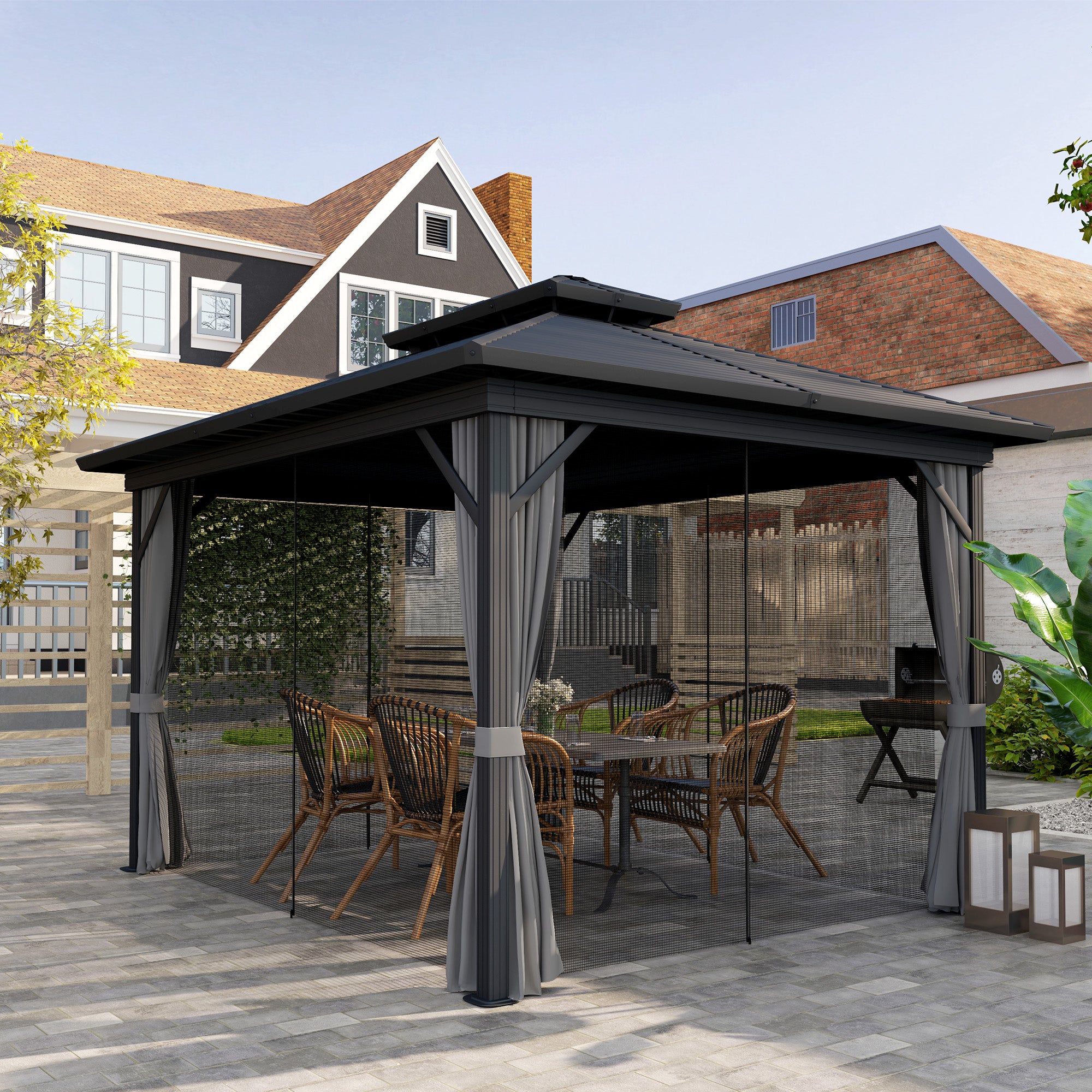 Outsunny 10' x 12' Hardtop Gazebo, Aluminum Frame Garden Sun Shelter with Double Tier Metal Roof, Mosquito Netting, Curtains, and Hanging Hook, Light Grey