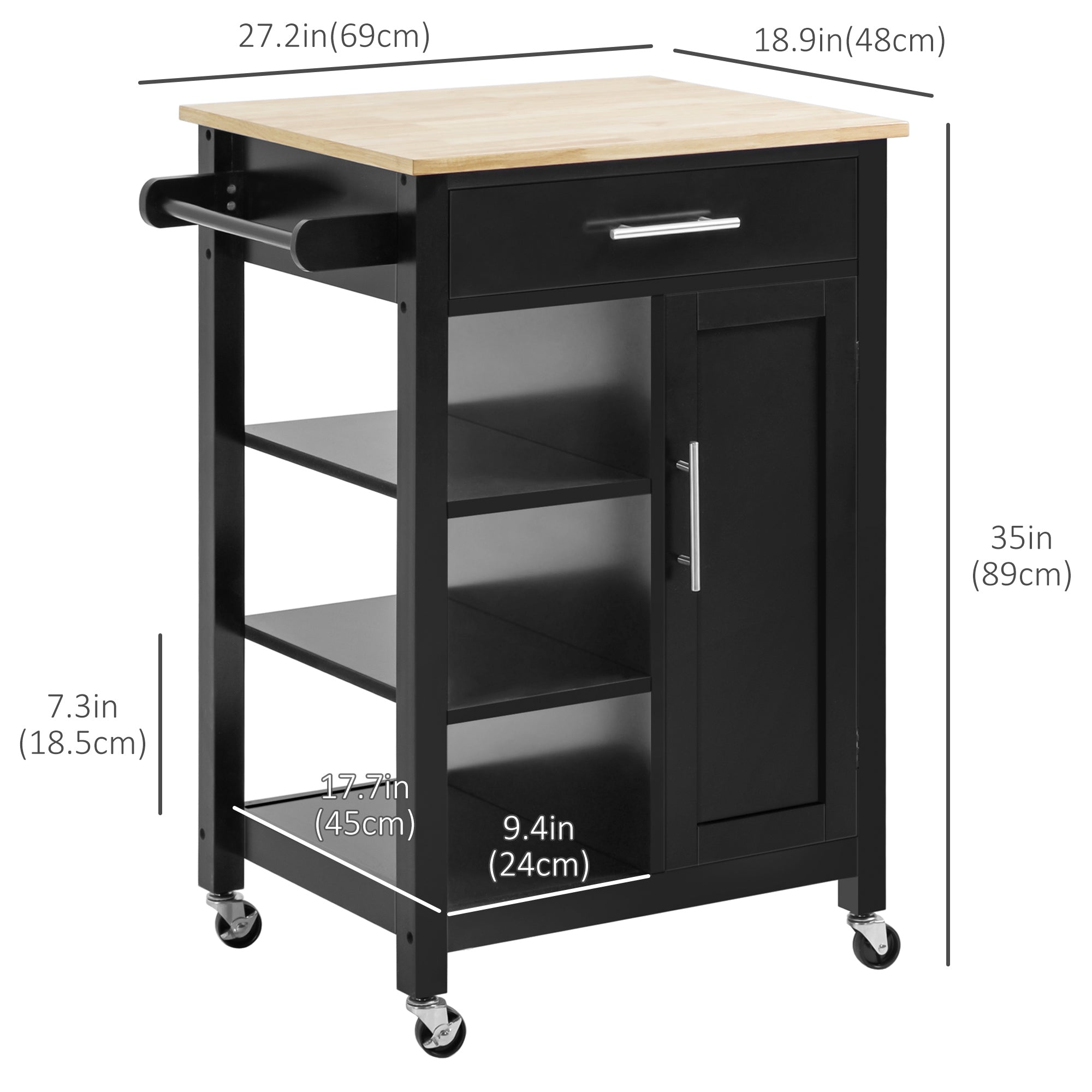 HOMCOM Kitchen Island, Compact Kitchen Cart on Wheels with Open Shelf & Storage Drawer for Dining Room, Kitchen, Black