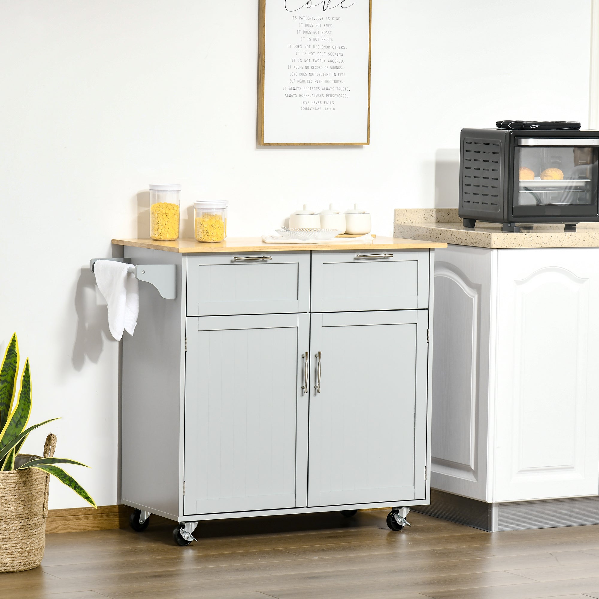 HOMCOM Rolling Kitchen Island, Kitchen Cart on Wheels with 2 Storage Drawers, 2 Door Cabinets and Towel Rack for Dining Room (Grey, 2-Doors)