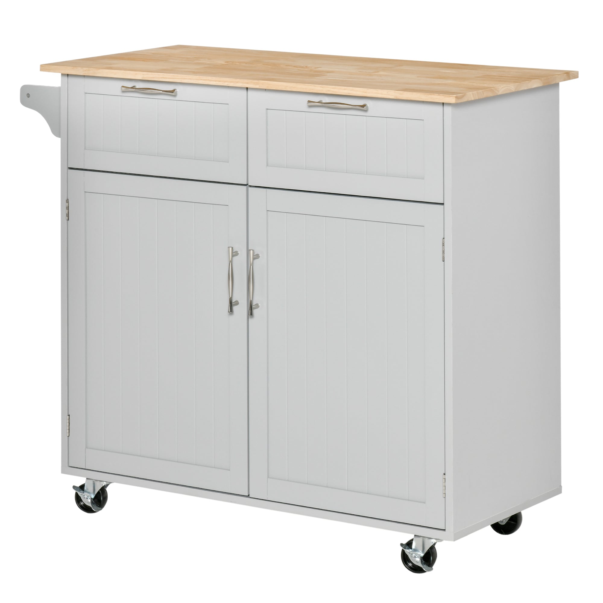 HOMCOM Rolling Kitchen Island, Kitchen Cart on Wheels with 2 Storage Drawers, 2 Door Cabinets and Towel Rack for Dining Room (Grey, 2-Doors)