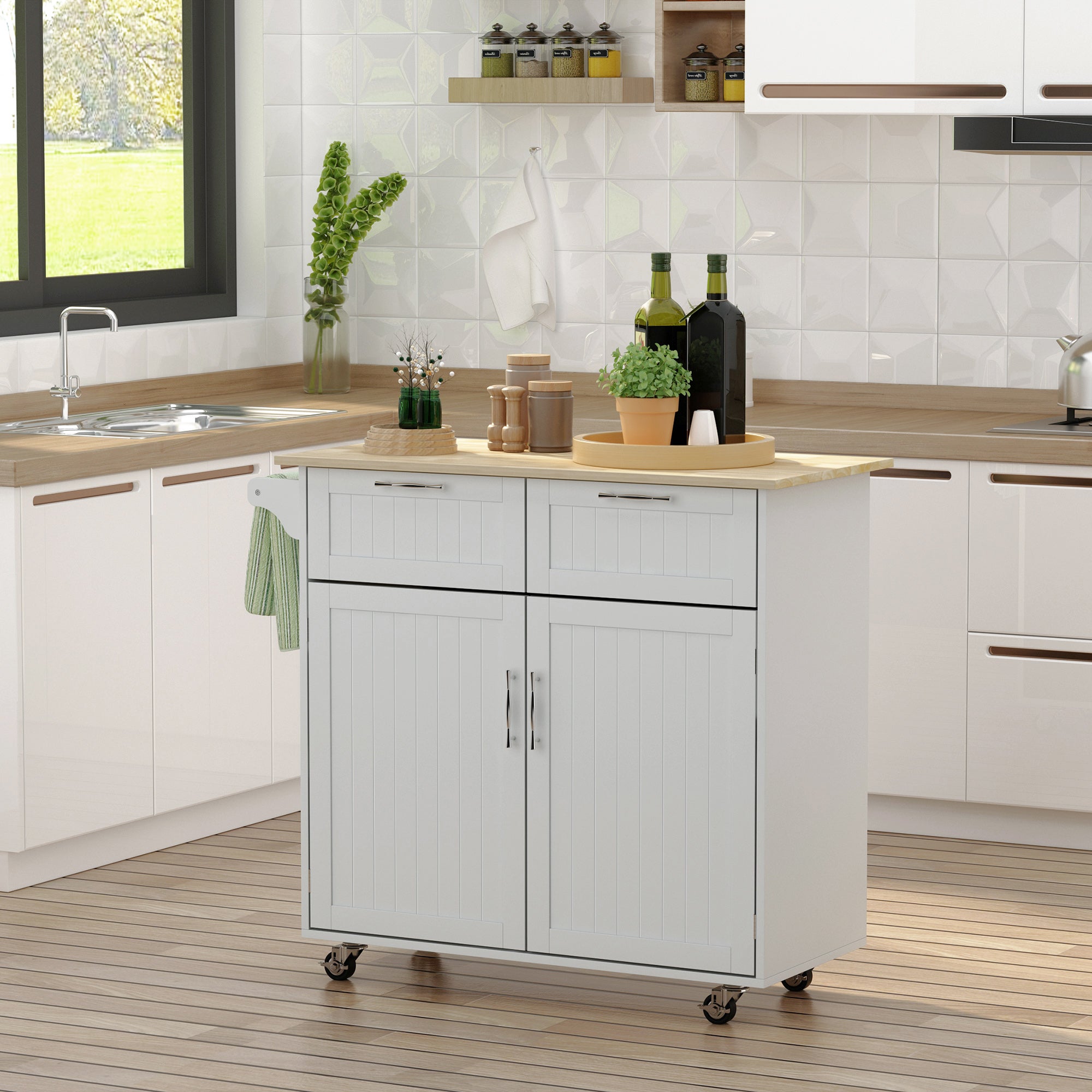 HOMCOM Rolling Kitchen Island, Kitchen Cart on Wheels with 2 Storage Drawers, 2 Door Cabinets and Towel Rack for Dining Room (Grey, 2-Doors)
