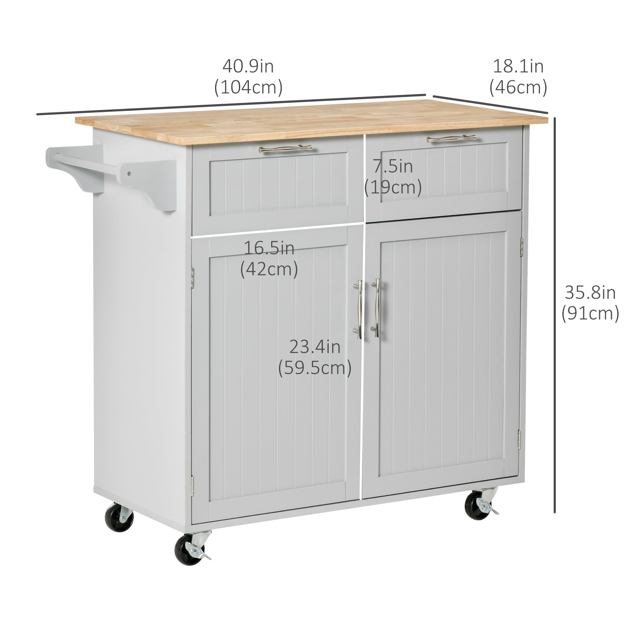HOMCOM Rolling Kitchen Island, Kitchen Cart on Wheels with 2 Storage Drawers, 2 Door Cabinets and Towel Rack for Dining Room (Grey, 2-Doors)