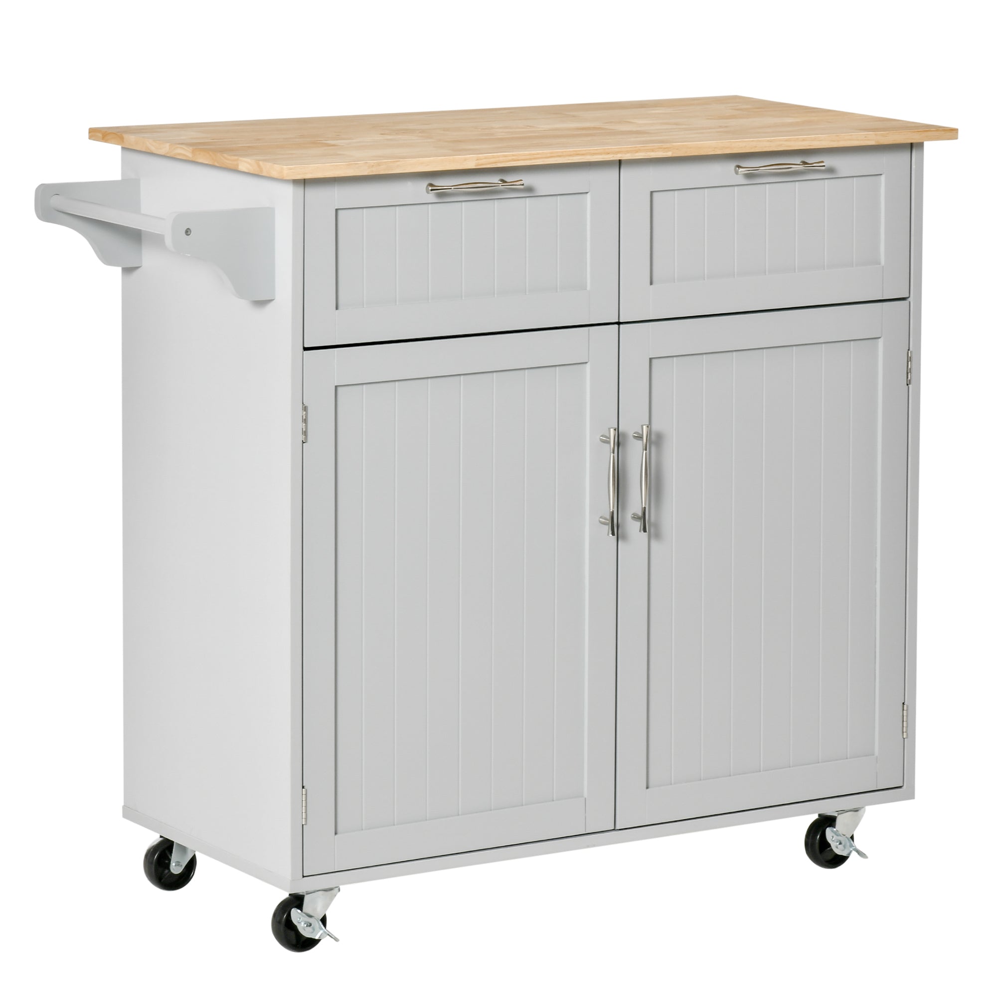 HOMCOM Rolling Kitchen Island, Kitchen Cart on Wheels with 2 Storage Drawers, 2 Door Cabinets and Towel Rack for Dining Room (Grey, 2-Doors)