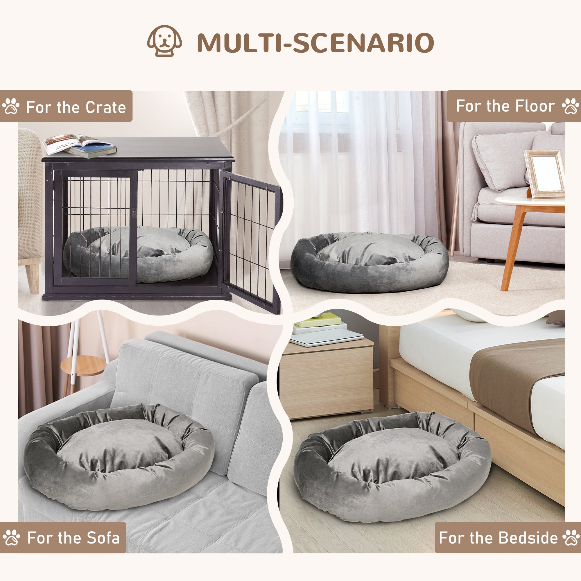 PawHut Pet Bed, Soft Velvet Lounge Sleeper, Machine Washable Cushion, Soft Padding, Zippered Cover, Portable, ​for Medium Dogs, Dark Grey