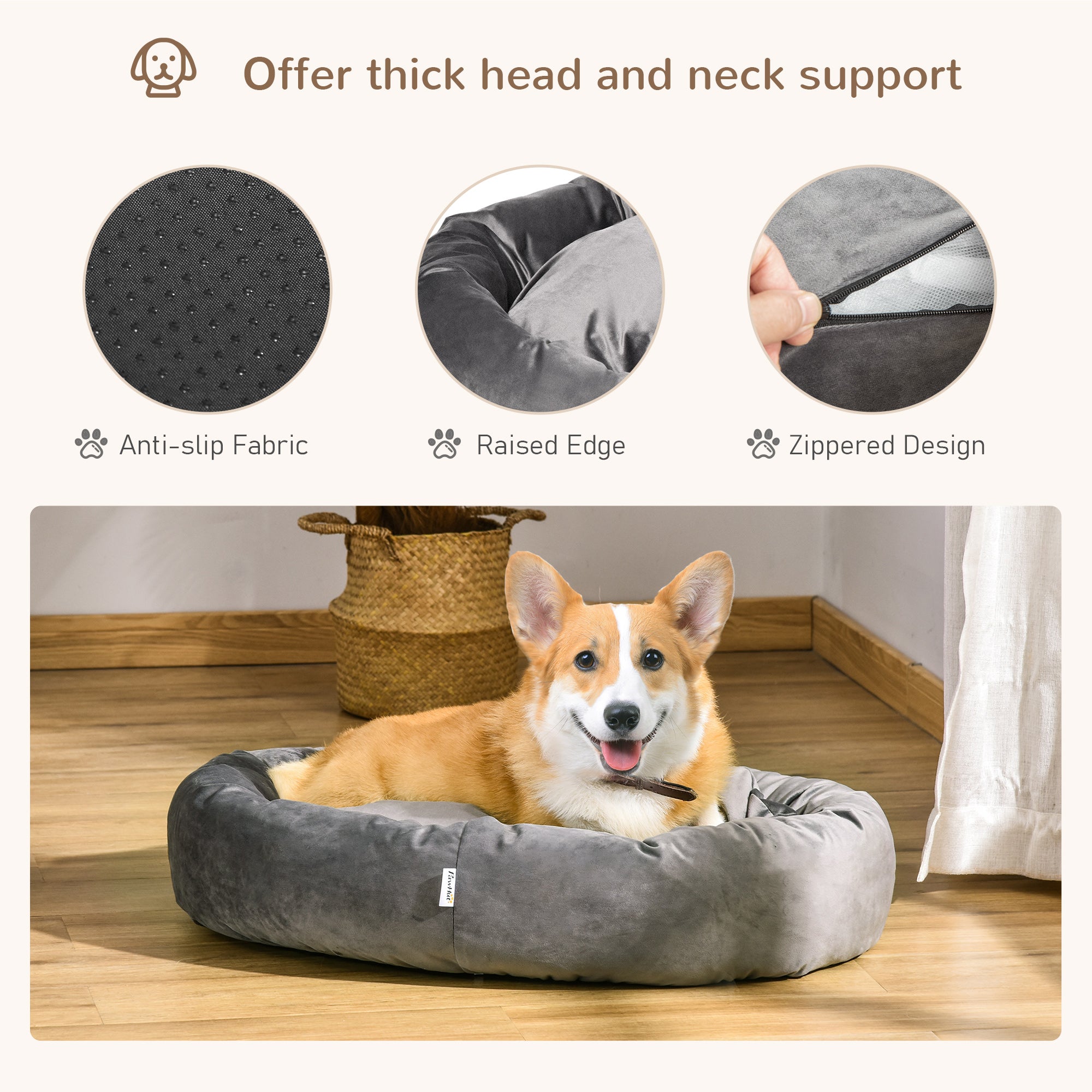PawHut Pet Bed, Soft Velvet Lounge Sleeper, Machine Washable Cushion, Soft Padding, Zippered Cover, Portable, ​for Medium Dogs, Dark Grey