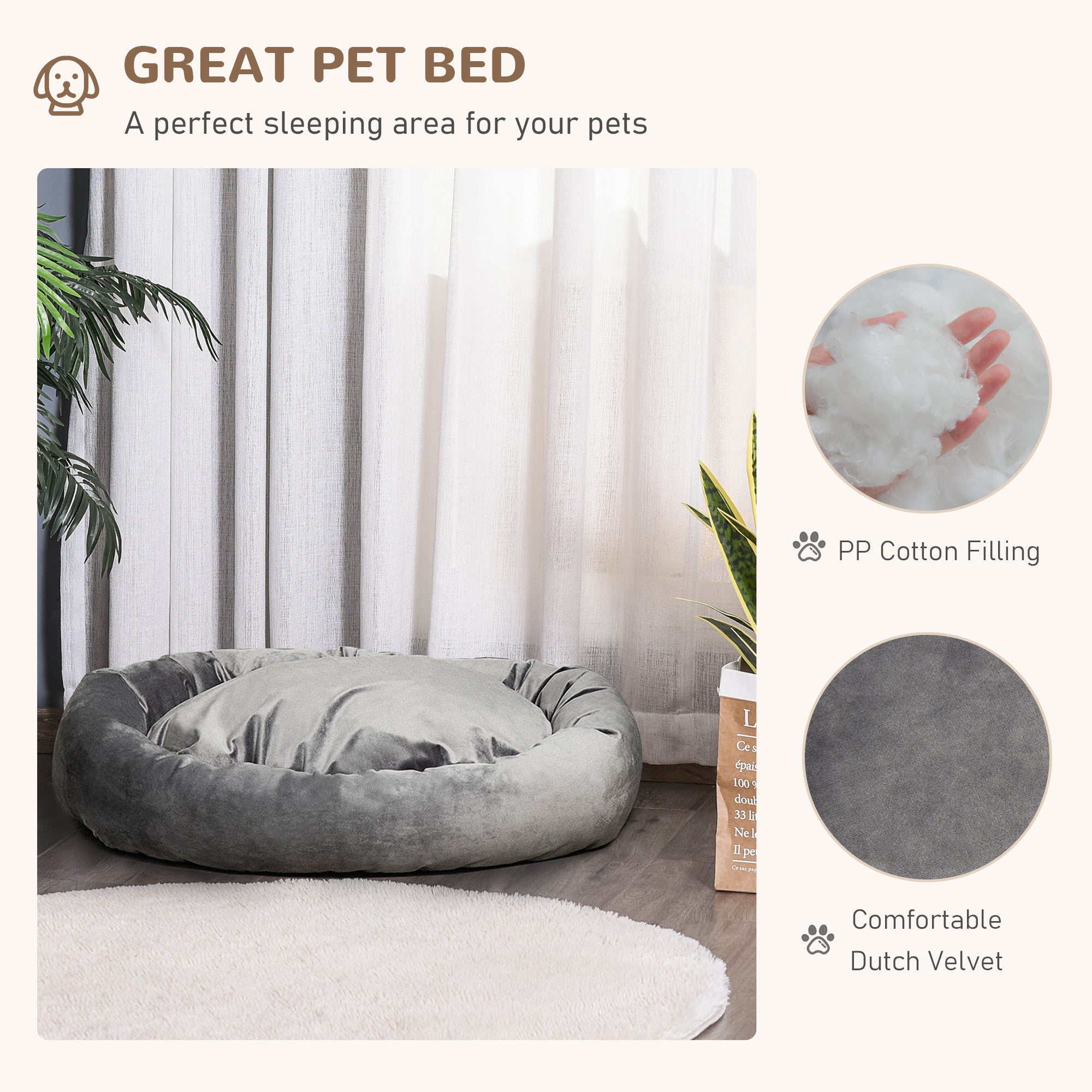 PawHut Pet Bed, Soft Velvet Lounge Sleeper, Machine Washable Cushion, Soft Padding, Zippered Cover, Portable, ​for Medium Dogs, Dark Grey