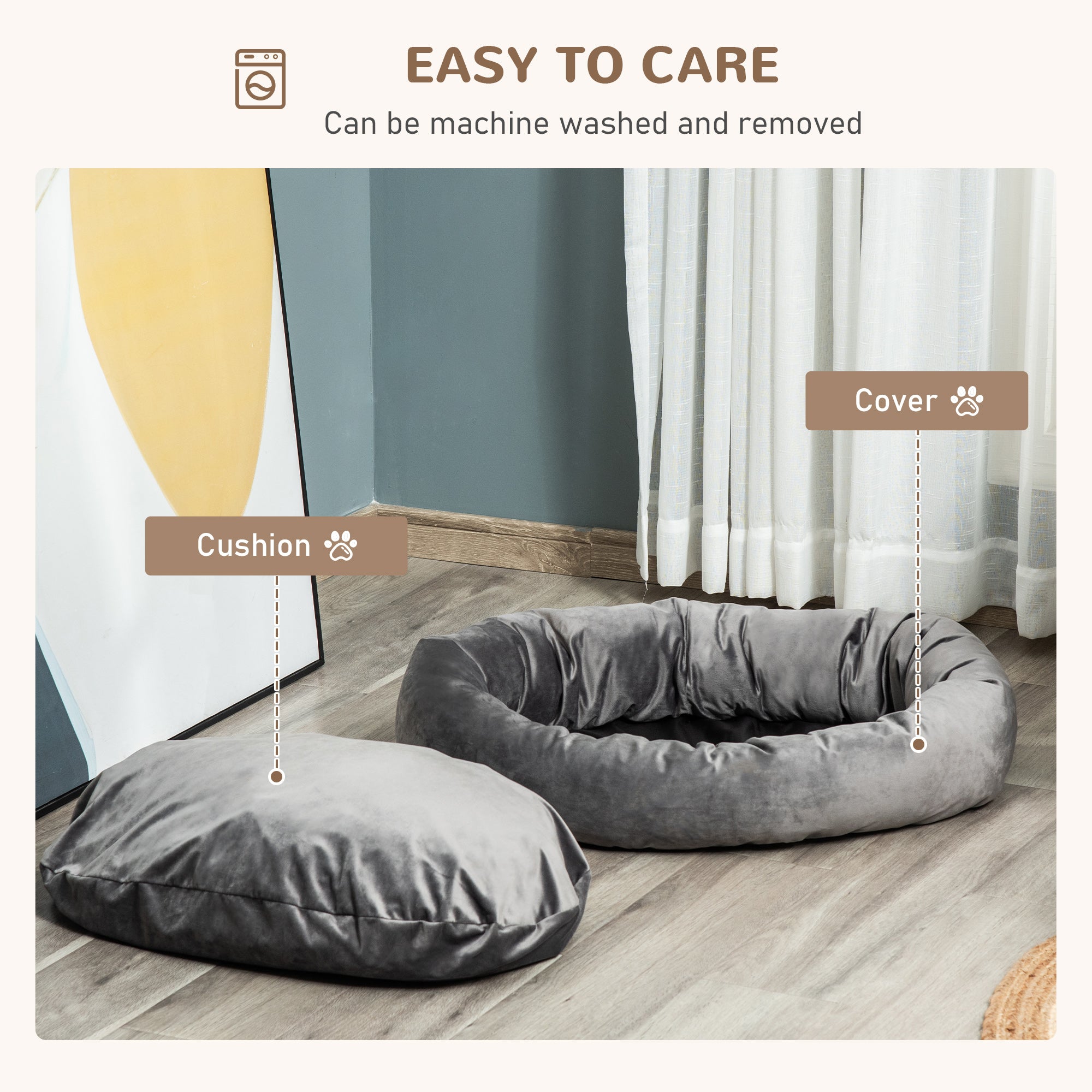 PawHut Pet Bed, Soft Velvet Lounge Sleeper, Machine Washable Cushion, Soft Padding, Zippered Cover, Portable, ​for Medium Dogs, Dark Grey