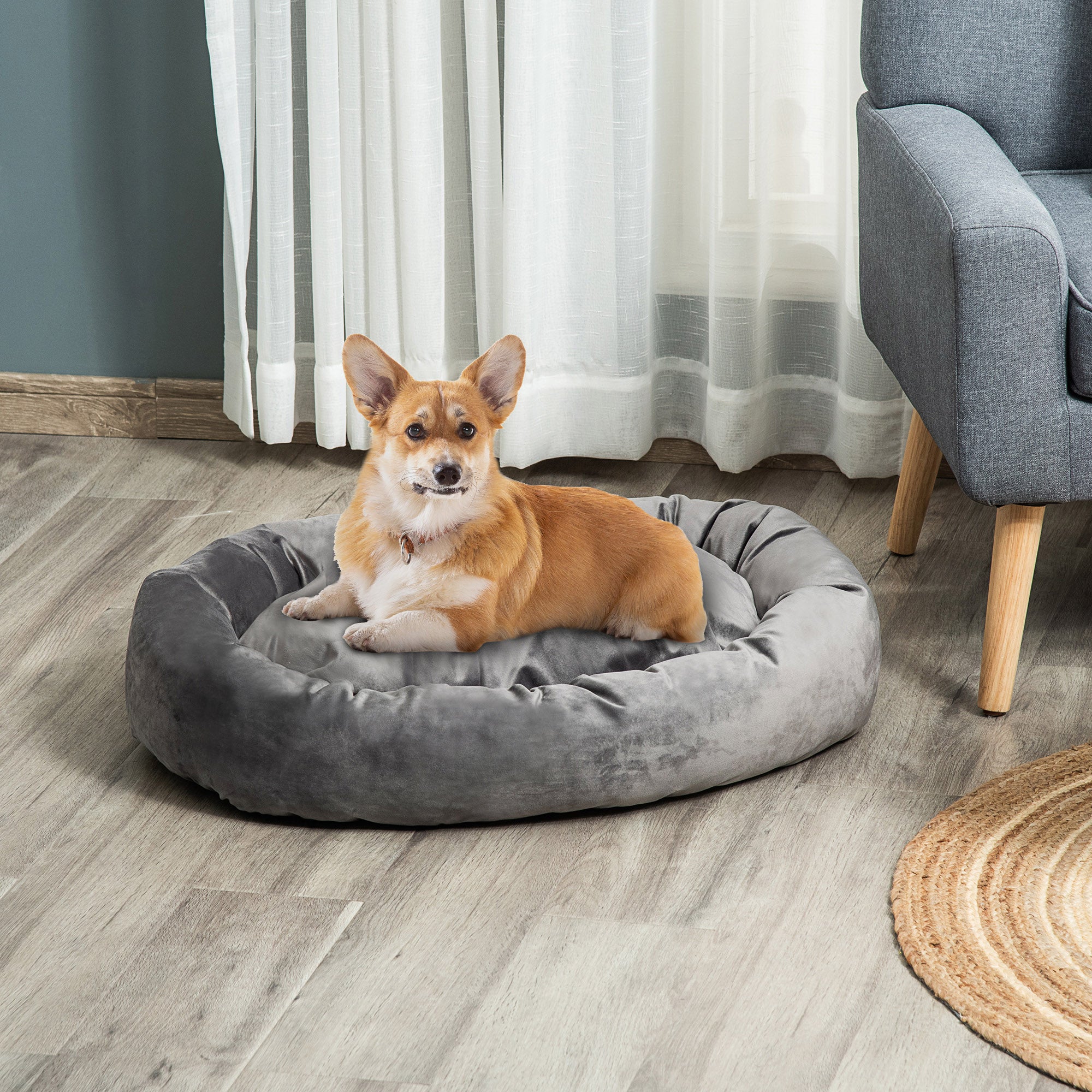 PawHut Pet Bed, Soft Velvet Lounge Sleeper, Machine Washable Cushion, Soft Padding, Zippered Cover, Portable, ​for Medium Dogs, Dark Grey