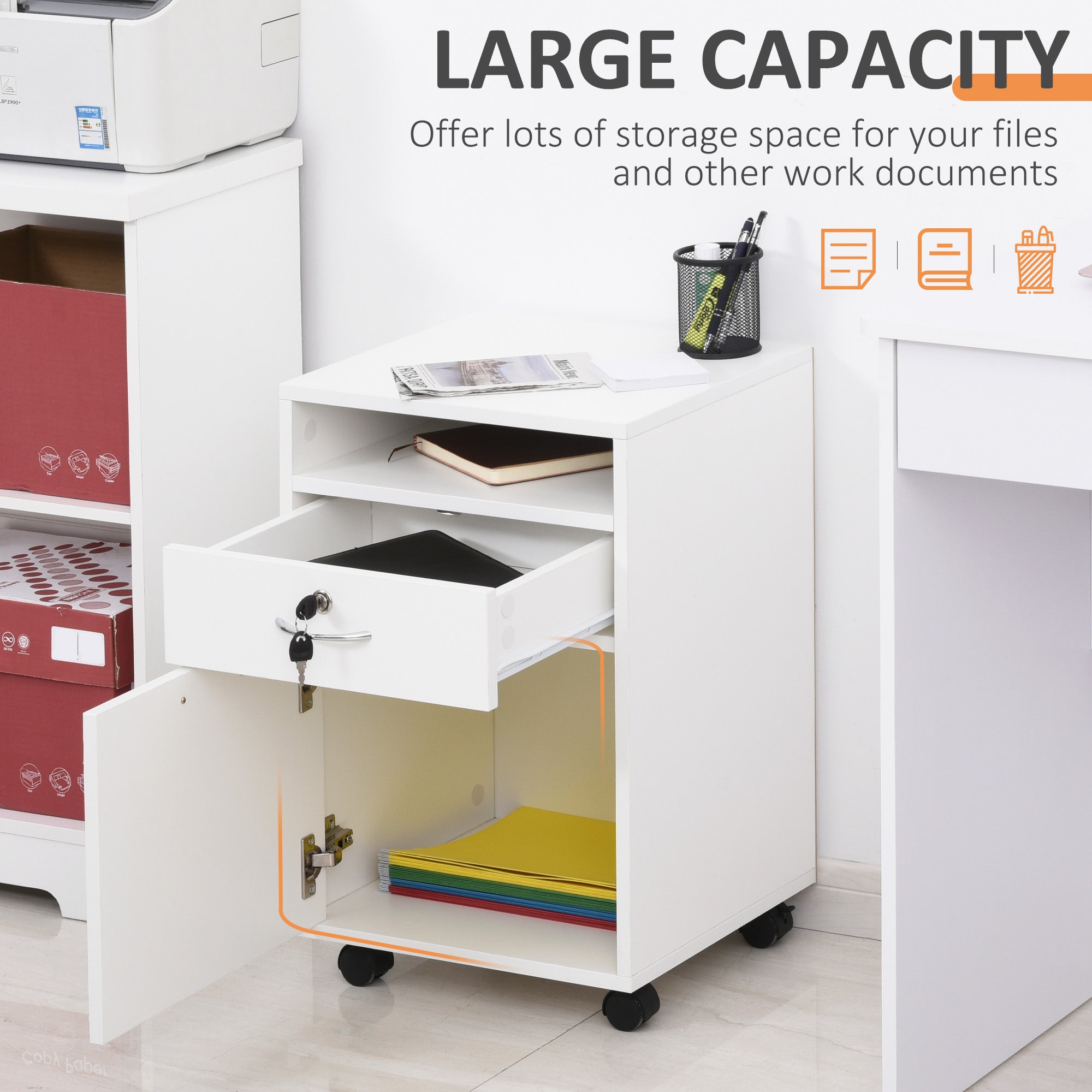 HOMCOM 24" Vertical Filing Cabinet with Lock, Mobile File Cabinet with Wheels, Storage Office Cabinet with Drawer, White